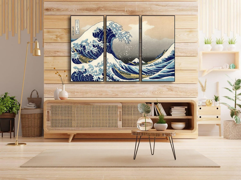 Wieco Art Large Black Aluminum Framed Art 3 Panel Great Wave of Kanagawa Katsushika Hokusai Canvas Prints Wall Art Abstract Seascape Paintings for Living Room Home Decorations