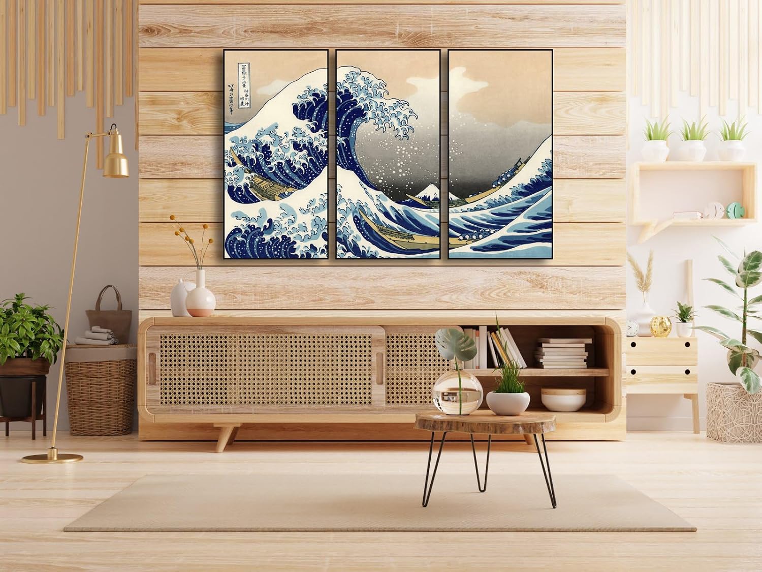 Wieco Art Large Black Aluminum Framed Art 3 Panel Great Wave of Kanagawa Katsushika Hokusai Canvas Prints Wall Art Abstract Seascape Paintings for Living Room Home Decorations