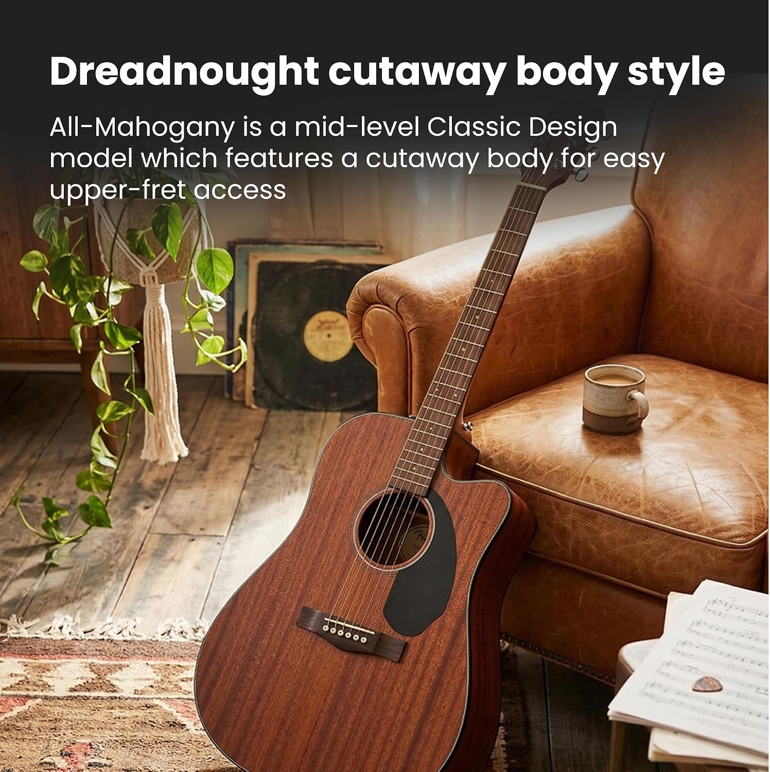 Fender CD-60SCE Solid Top Dreadnought Acoustic-Electric Guitar - All Mahogany Bundle with Hard Case, Instrument Cable, Tuner, Strap, Strings, Picks, and Austin Bazaar Instructional DVD