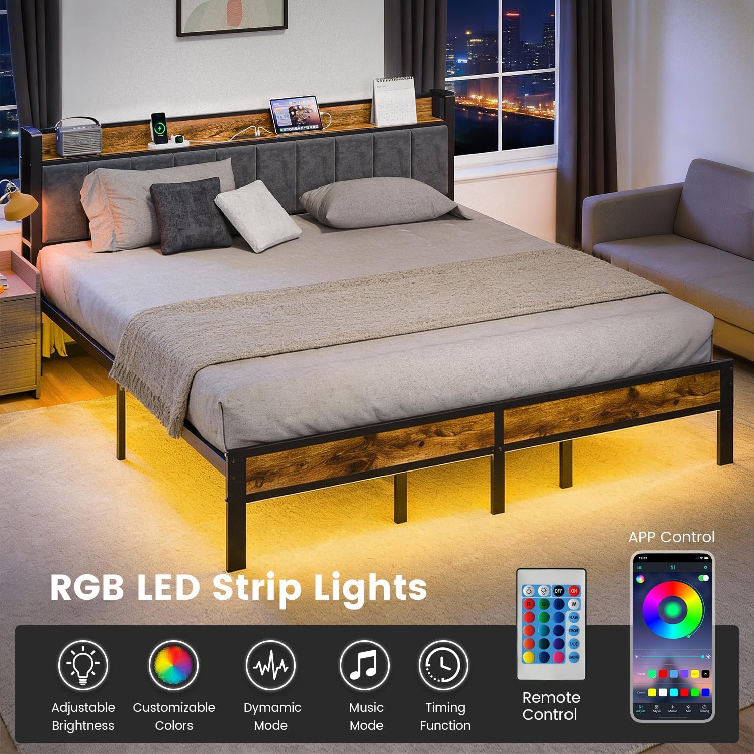 PROTEA King Size Bed Frame with LED Lights and Charging Station, Storage Headboard, Heavy Duty Metal Platform with Slats, No Box Spring Needed, Easy Assembly