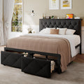 Einhomn Full Size Bed Frame with 2 Storage Drawers, Metal Platform Bed with Charging Station, Upholstered Linen Button Tufted Storage Headboard, No Box Spring Needed, Easy Assembly, Noise Free, Black
