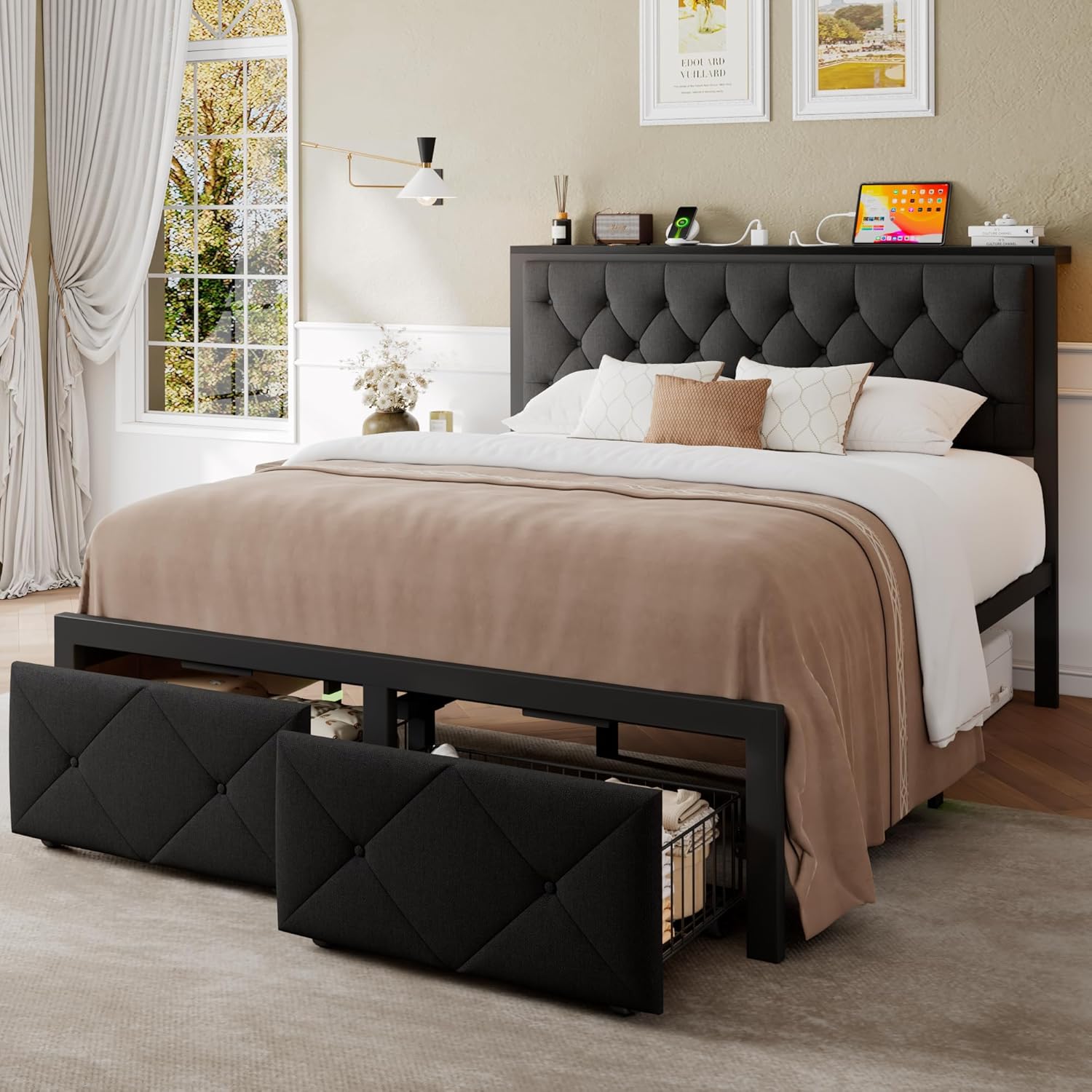 Einhomn Full Size Bed Frame with 2 Storage Drawers, Metal Platform Bed with Charging Station, Upholstered Linen Button Tufted Storage Headboard, No Box Spring Needed, Easy Assembly, Noise Free, Black