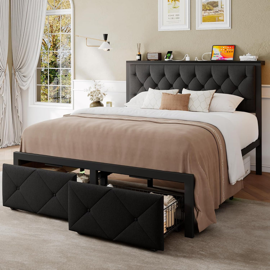 Einhomn Queen Bed Frame with 2 Storage Drawers, Metal Platform Bed with Charging Station, Upholstered Linen Button Tufted Storage Headboard, No Box Spring Needed, Noise-Free, Easy Assembly, Black