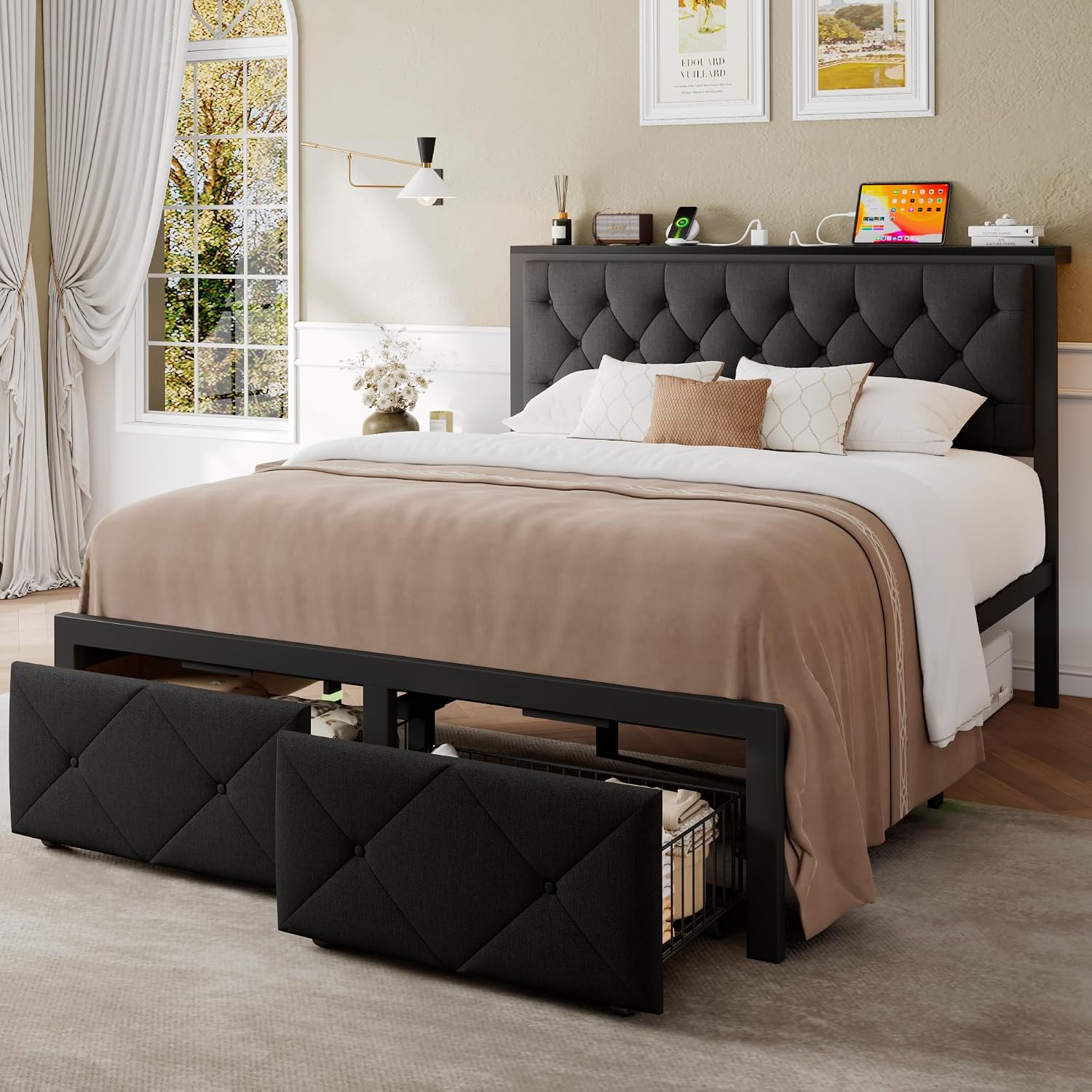 Einhomn Queen Bed Frame with 2 Storage Drawers, Metal Platform Bed with Charging Station, Upholstered Linen Button Tufted Storage Headboard, No Box Spring Needed, Noise-Free, Easy Assembly, Black
