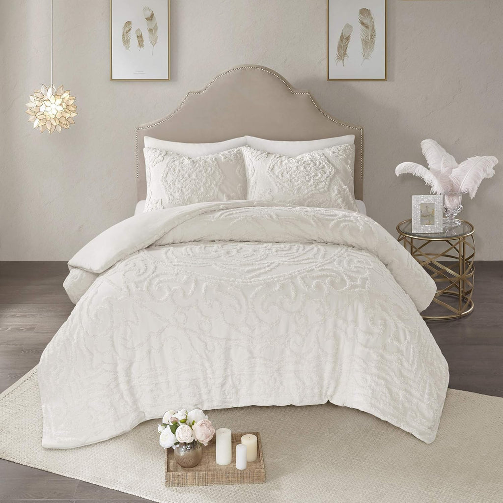 Madison Park Laetitia 100% Cotton Duvet Set - Chenille Tufted Medallion Design, All Season Cozy Bedding Shabby Chic Comforter Cover, Matching Shams, Floral Off White King/Cal King(104'x92') 3 Piece