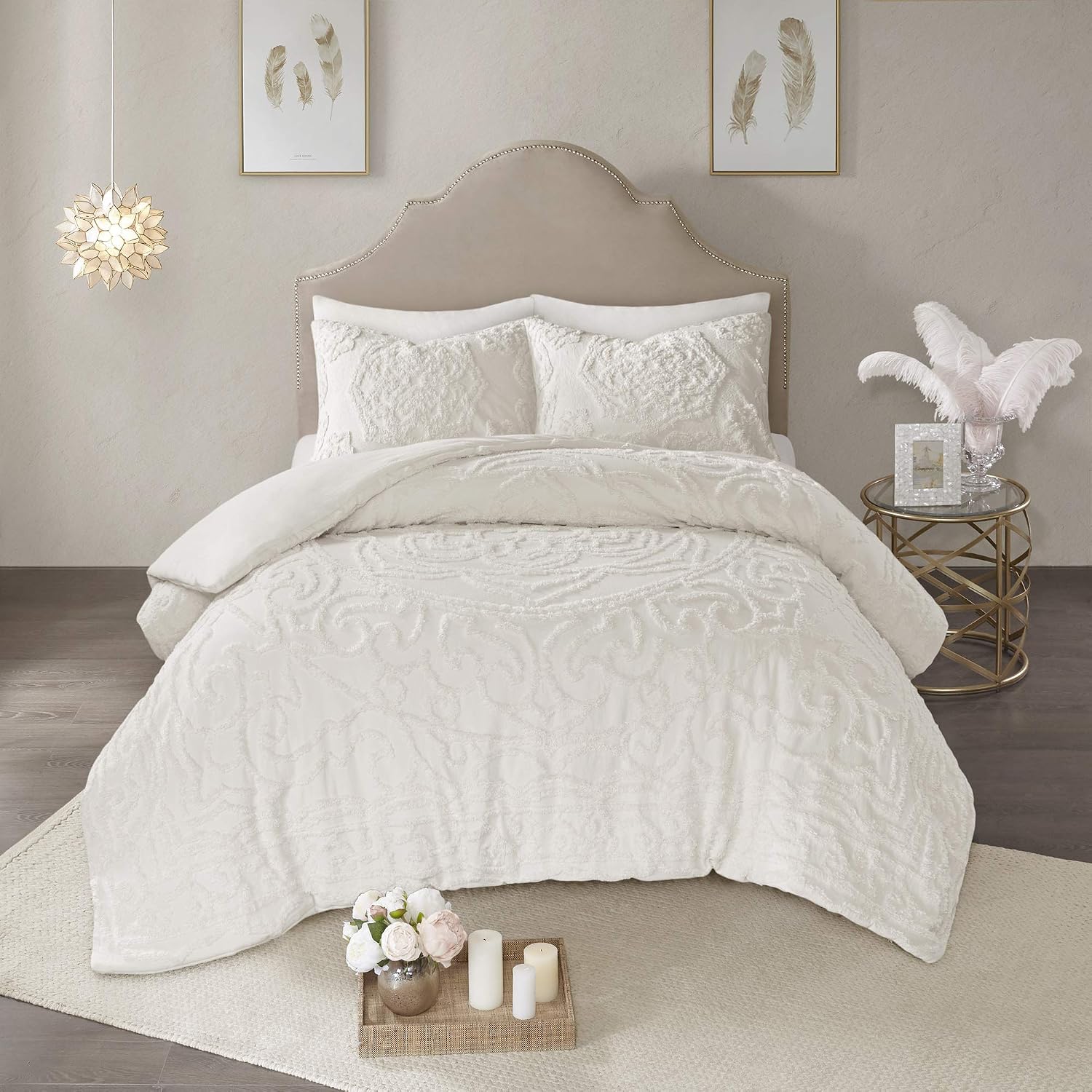 Madison Park Laetitia 100% Cotton Duvet Set - Chenille Tufted Medallion Design, All Season Cozy Bedding Shabby Chic Comforter Cover, Matching Shams, Floral Off White King/Cal King(104'x92') 3 Piece