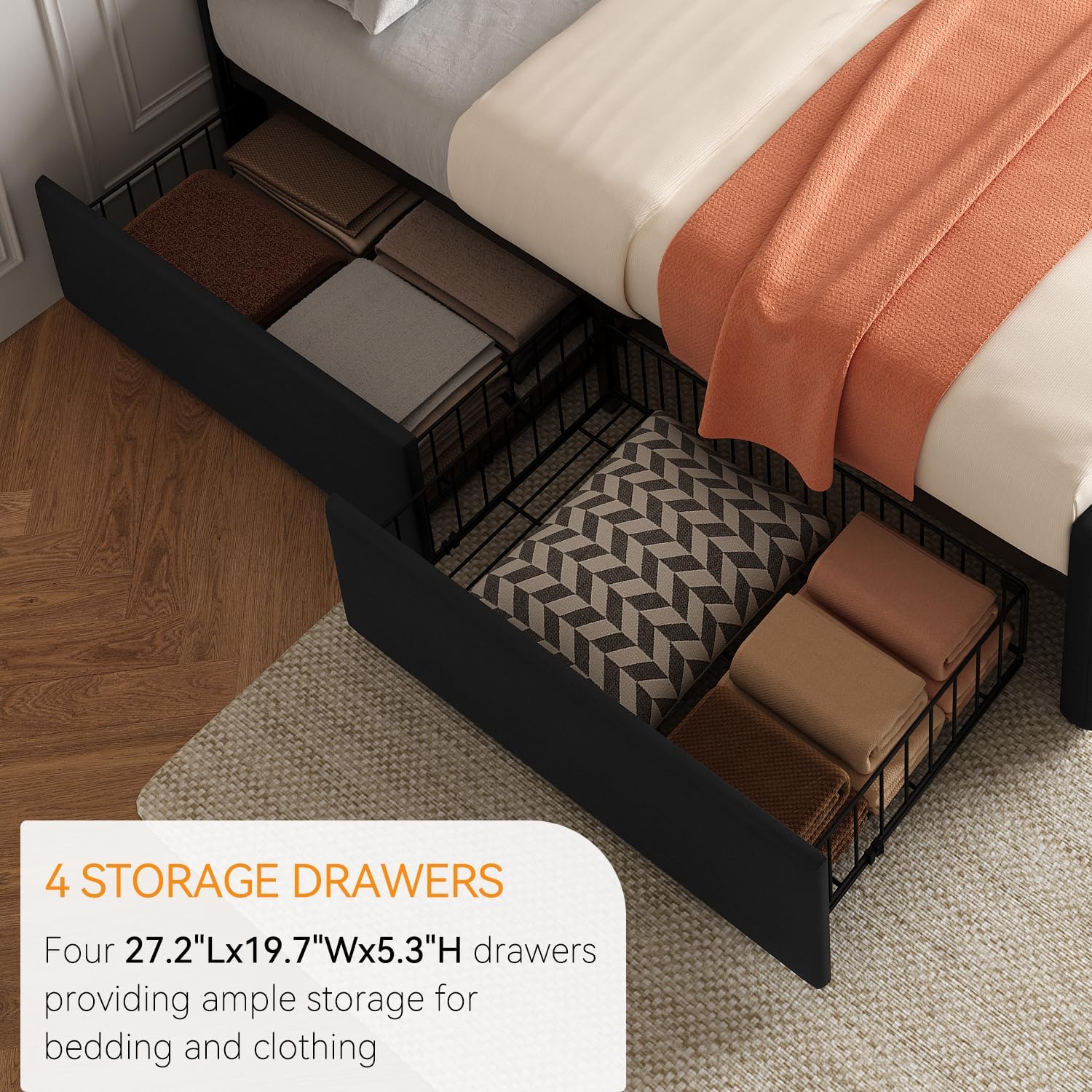 King Size Platform Bed Frame with 4 Storage Drawers & Headboard, Faux Leather Upholstered, Button Tufted Design, Wooden Slats Support, Noise-Free Mattress Foundation, No Box Spring Needed, Black