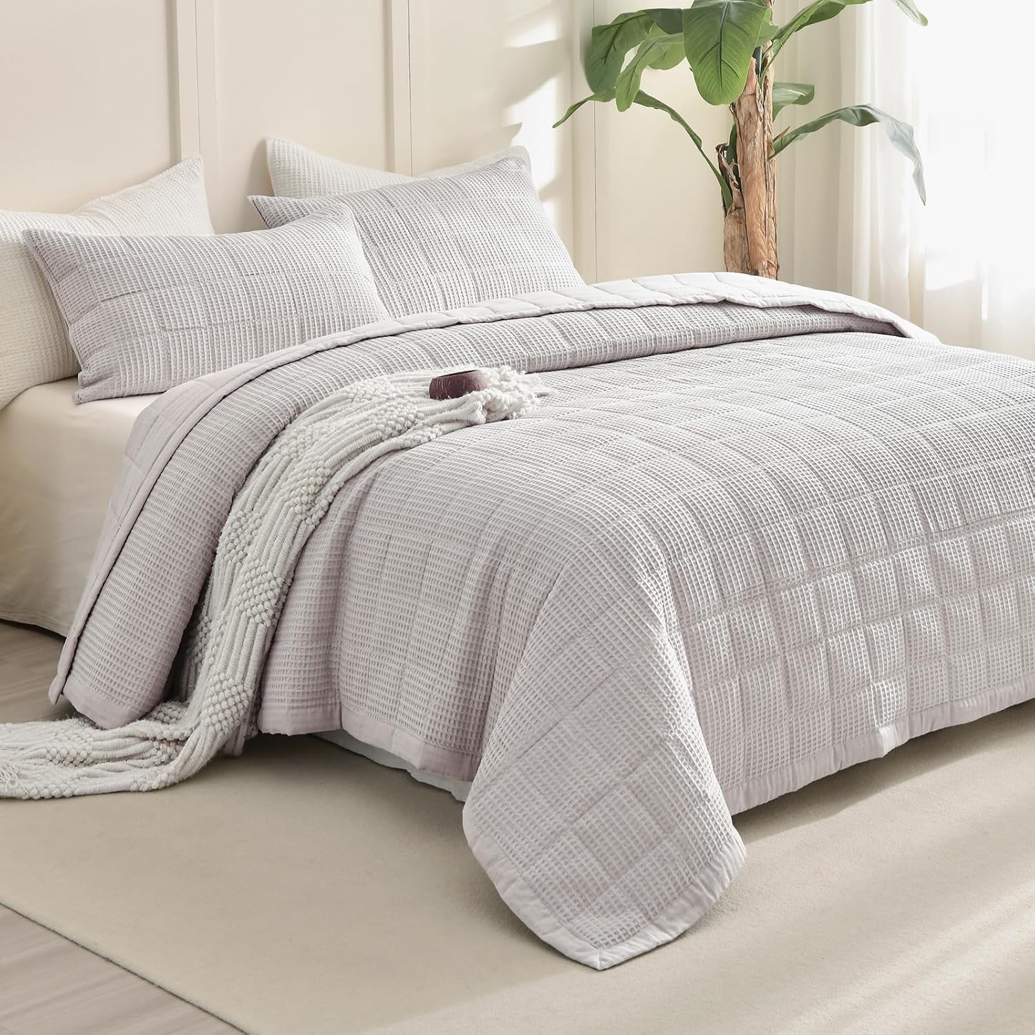 Sanracie Oversized King Quilt (120'x120'), Cotton Oatmeal Colored Waffle Quilt Bedding Set Extra Wide Large Luxury Aesthetic Bedspreads Soft Breathable Bedding Coverlet Sets 3 PCS