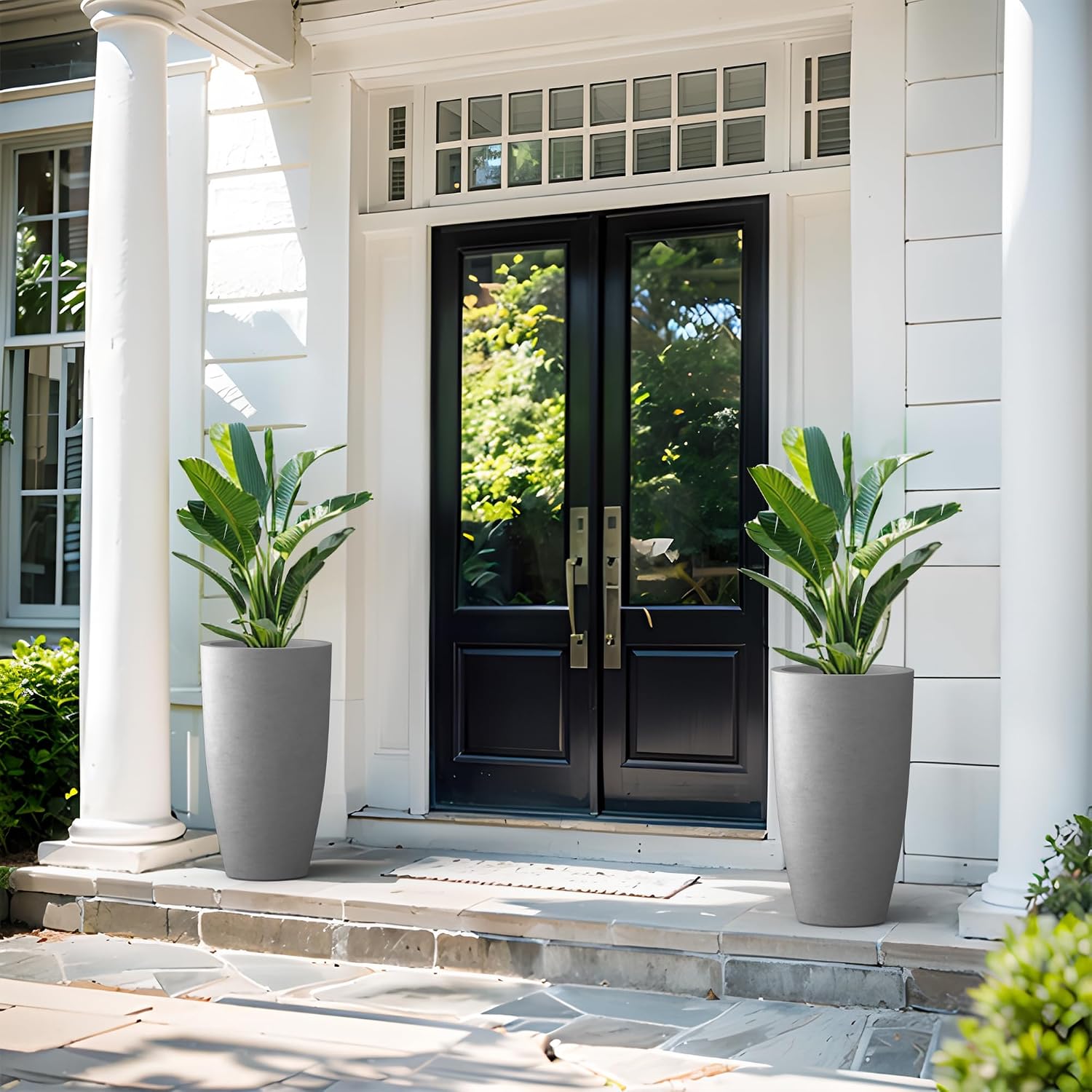 Kante 23.6' H Natural Concrete Tall Planters (Set of 2), Large Outdoor Indoor Decorative Plant Pots with Drainage Hole and Rubber Plug, Modern Style for Home and Garden