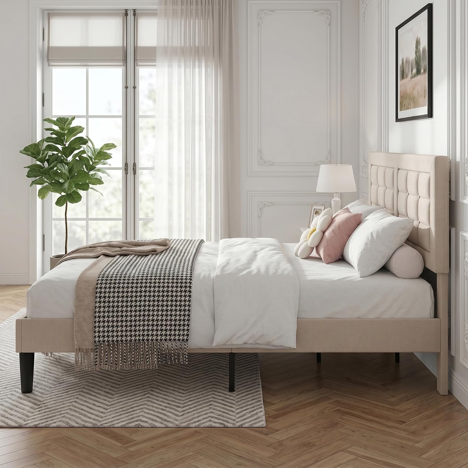 VECELO Full Size Bed Frame, Adjustable Upholstered Button Tufted Headboard, Heavy-Duty Bedframe with Wood Slats Support, No Box Spring Needed, Beige