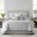 Grand Avenue 7 Piece White Grey Comforter Set, King Size Jacquard Bedding Set, All Season Floral Leaves Bedding, Matching Pillows, Shams, Bed Skirt