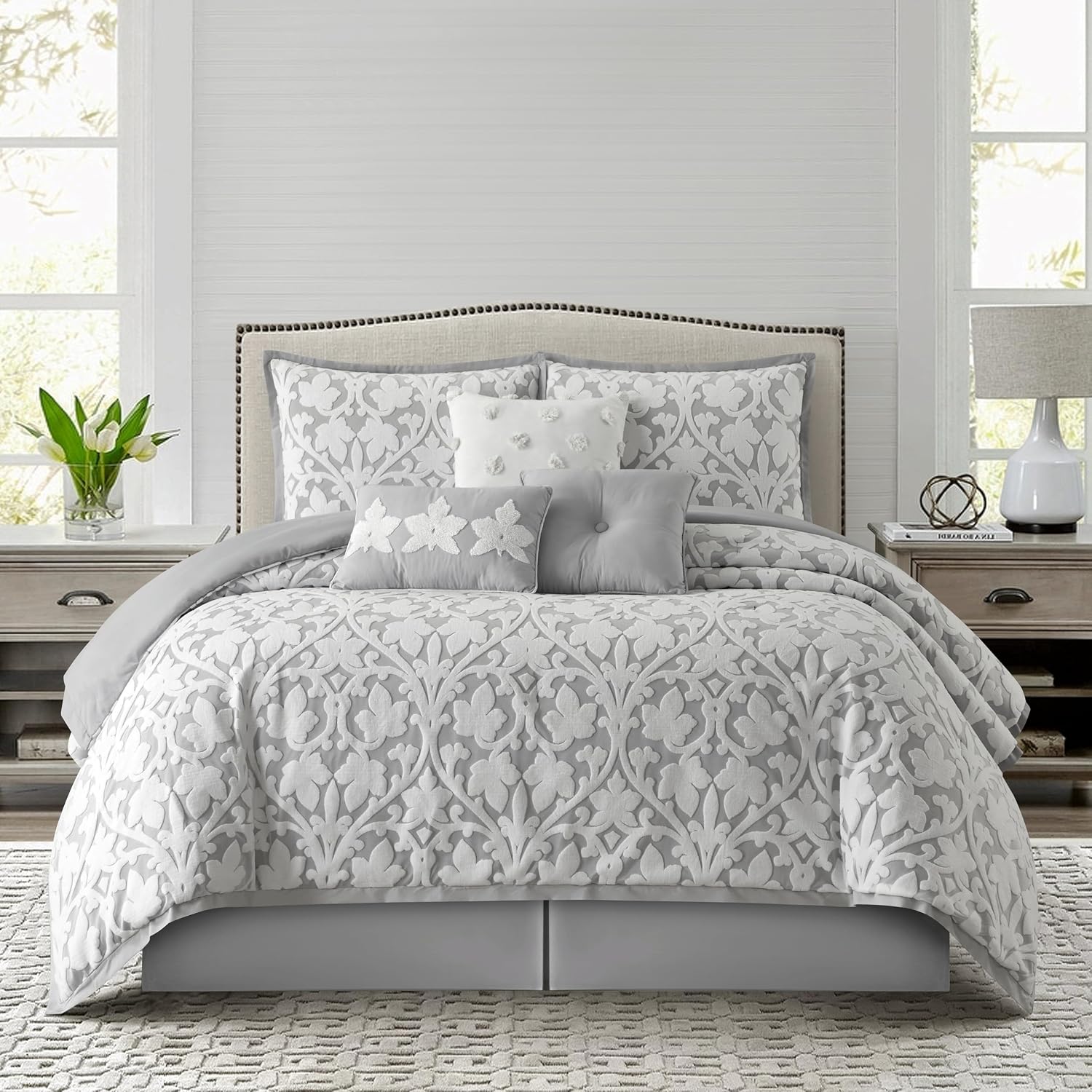Grand Avenue 7 Piece White Grey Comforter Set, King Size Jacquard Bedding Set, All Season Floral Leaves Bedding, Matching Pillows, Shams, Bed Skirt