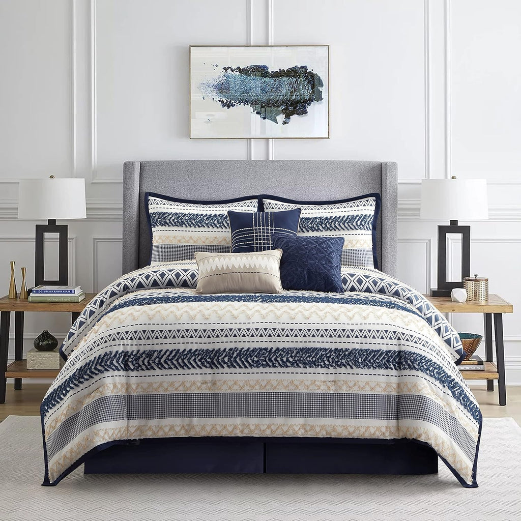 Grand Avenue Navy Striped California King Comforter Set, 7 Piece, Jacquard & Clip All Season Premium Bedding Set, Matching Shams, Bedskirt, Decorative Pillows