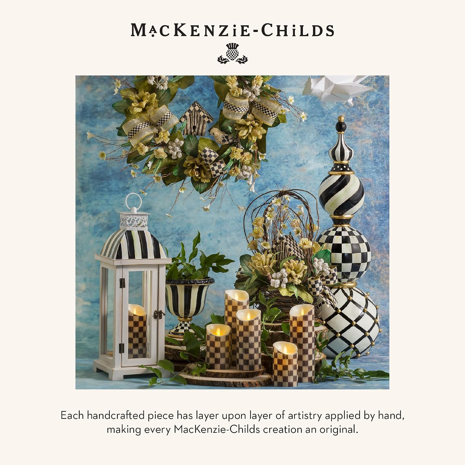 MACKENZIE-CHILDS Pedestal Tabletop Urn, Decorative Centerpiece for Table, Mantel, or Shelf, Tall, Black-and-White Courtly Check