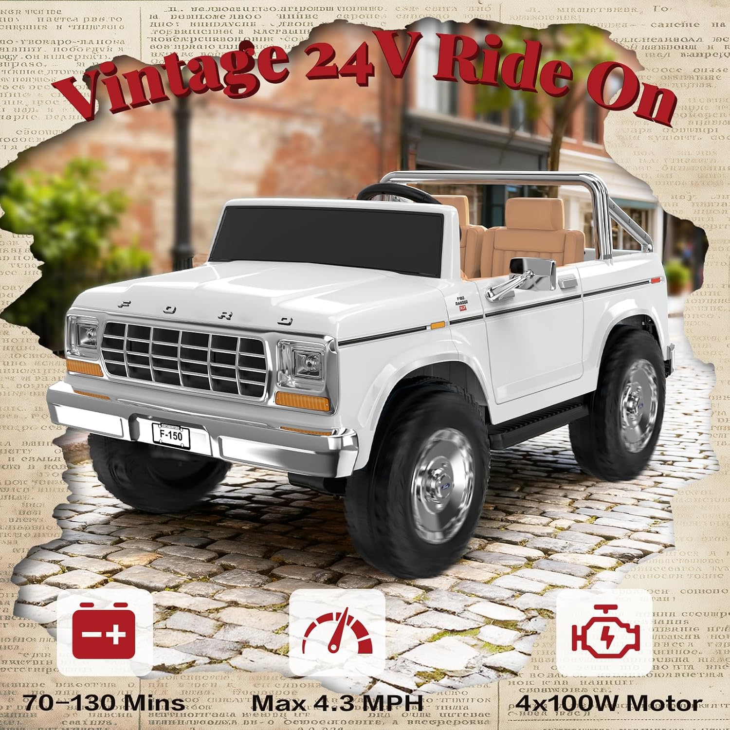 ANPABO Licensed Ford F-150 24V 2 Seater Ride on Car for Kids, 4x100W Motors for All-Terrain Electric Car with Parental Remote, Retro Style, 3-Speeds, Large Storage Box, Music Player, Aged 3-8, White