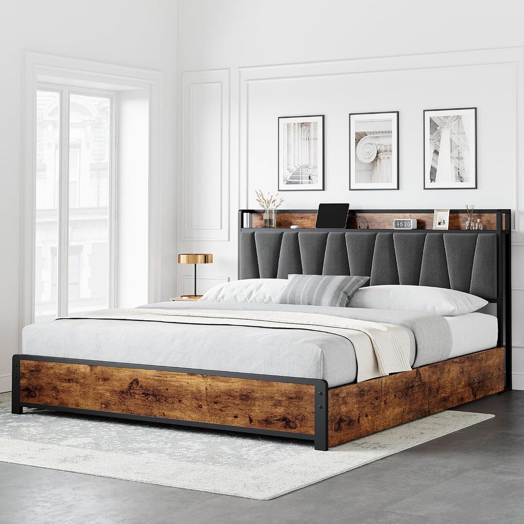 GarveeHome King Size Bed Frame with 4 Storage Drawers, Upholstered Storage Charging Headboard, Heavy Duty Metal Platform Bed Frame, Noise Free, No Box Spring Needed, Rustic Brown