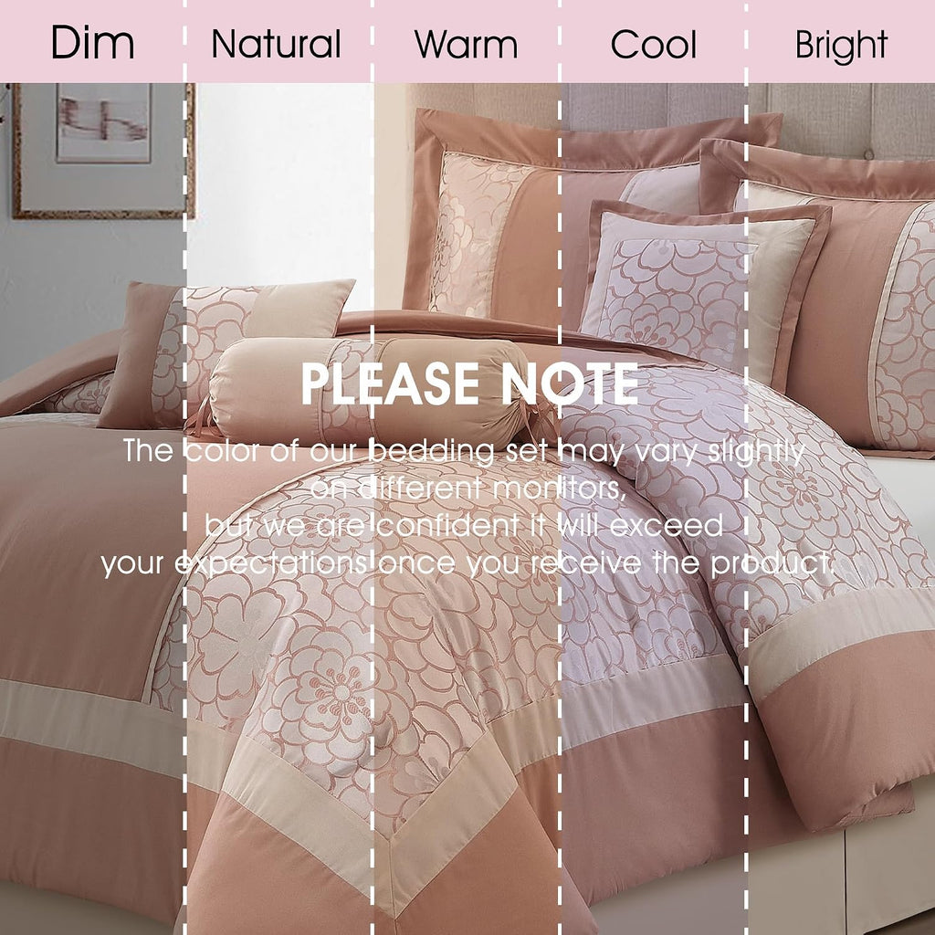 LANCO MODERN LIFESTYLE 7 Piece King Size Comforter Set, Blush, Elegant Floral Jacquard, Stylish and Cozy Bedding Collection, Premium Bedding Set with Bedskirt, Shams and Pillows