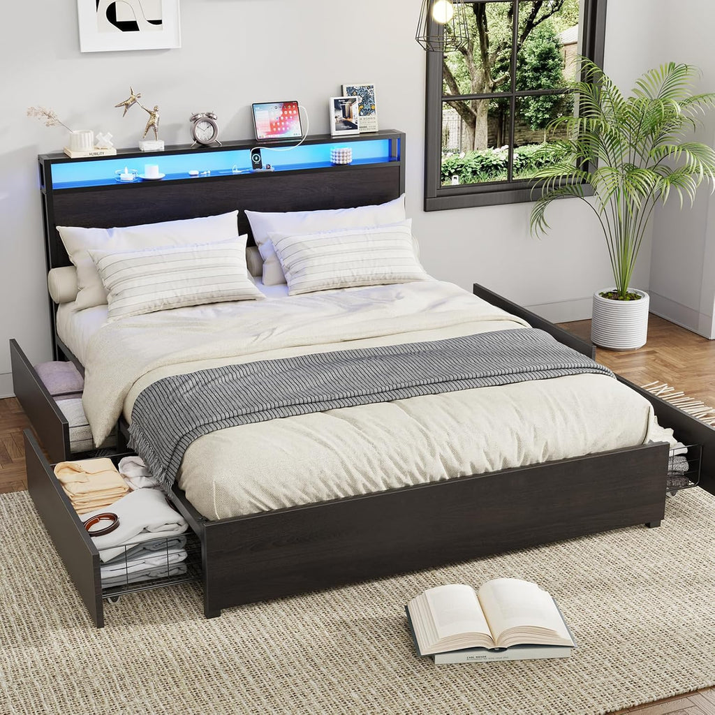 Kiivakii Full Size Bed Frame with Headboard, LED Platform Bed with 4 Storage Drawers, Built in Charging Station, Noise-Free, Metal Support Base, No Box Spring Needed, Black