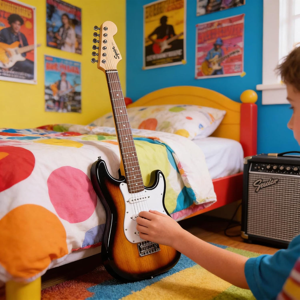 Fender Squier 3/4-Size Kids Mini Strat Electric Guitar - Brown Sunburst Bundle with Amplifier, Cable, Tuner, Strap, Picks, and Austin Bazaar Instructional DVD
