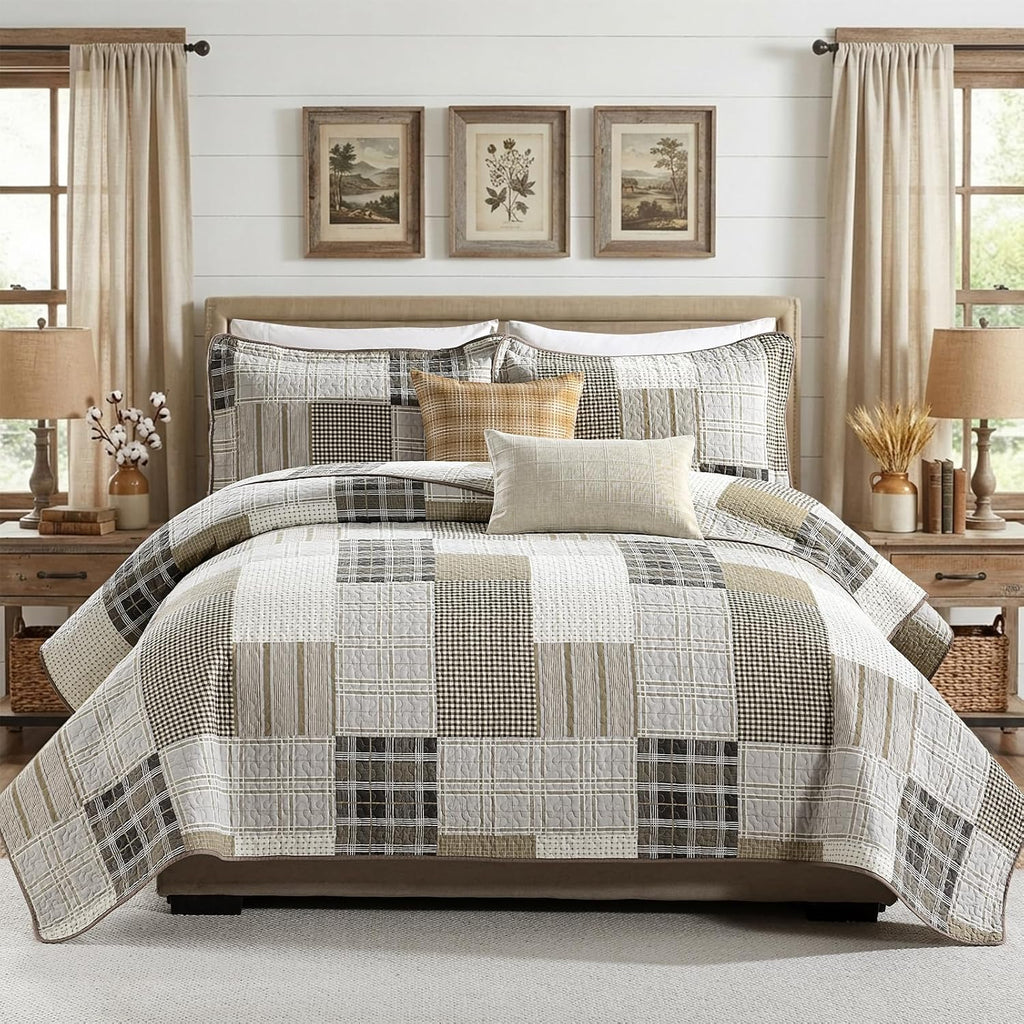 KALOOLA 100% Cotton 5-Pieces Quilt Set Queen Size, All Season Lightweight Quilted Bedspread with 2 Shams 2 Decorative Pillow Covers, Farmhouse Bedding Coverlet for Queen Bed, Beige/Cream/Brown