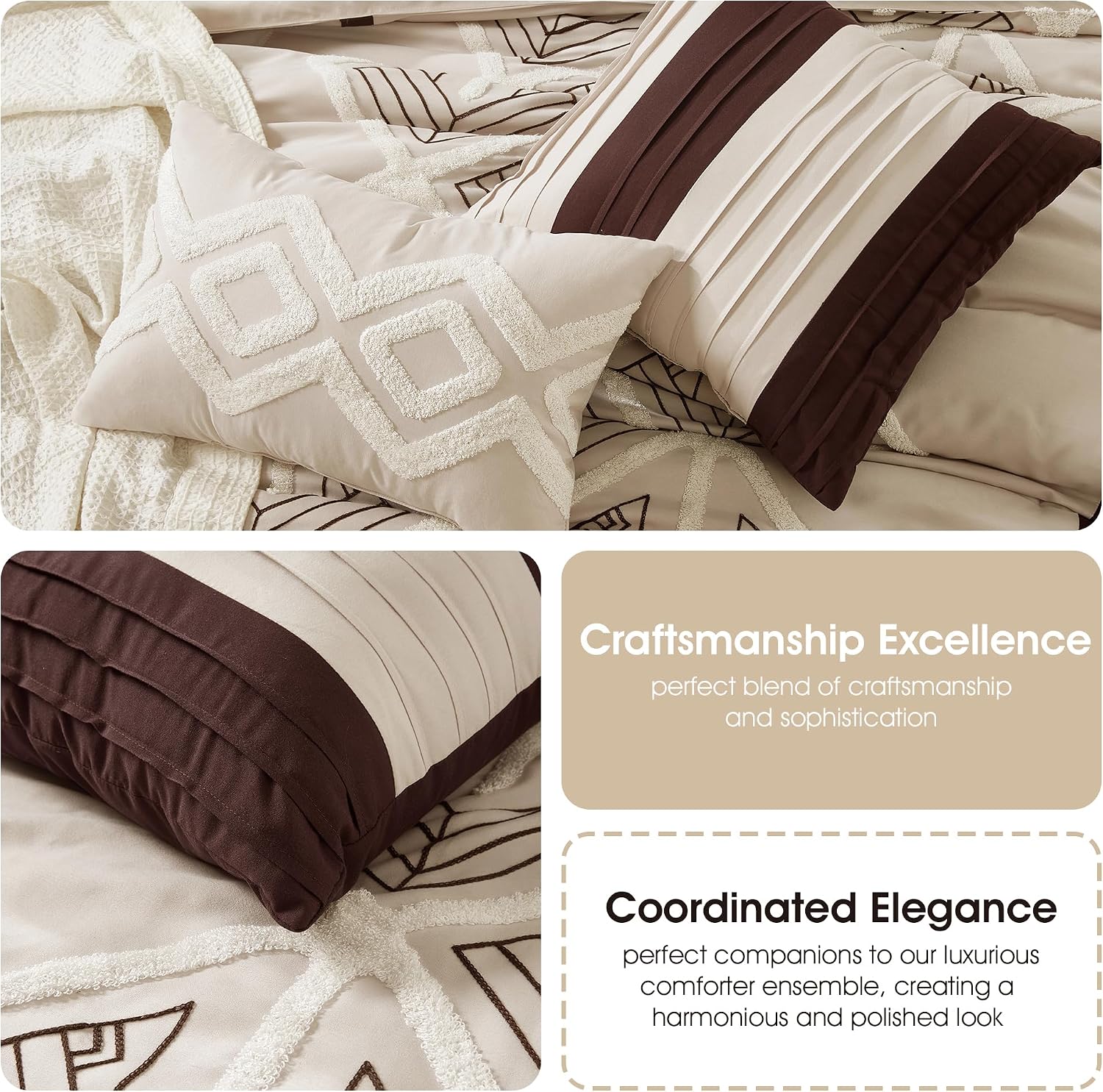 Stratford Park Brown Comforter Set Queen Size, 7 Piece, Terry Embroidery Geometric Home Decor, Matcking Bed Skirt, Pillows & Shams, All Season Bedding Set
