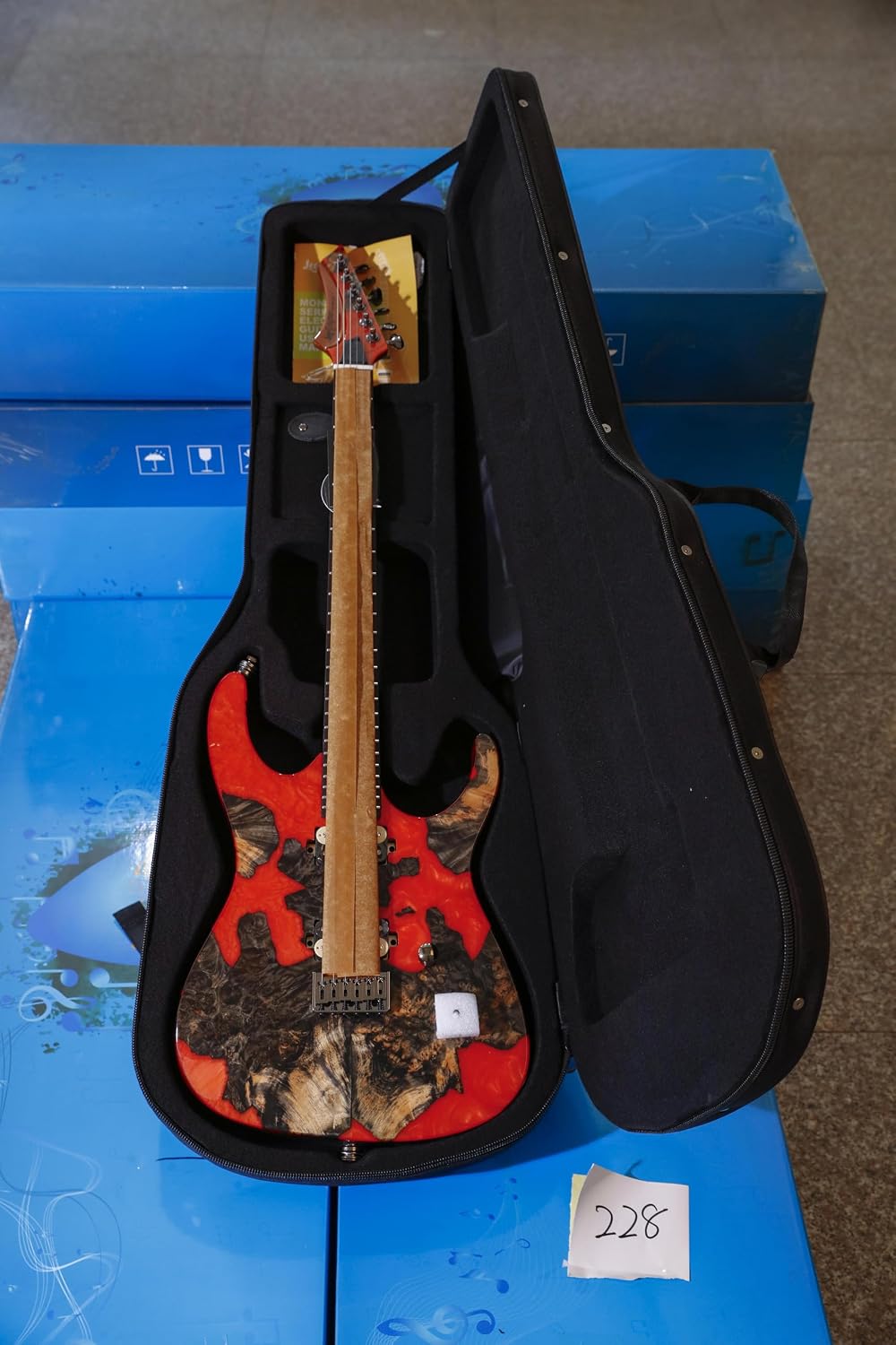 Leo Jaymz Electric Guitar Monsoon Deluxe Series, Reverse Headstock, Burl Top, Mahogany Body, Roasted Maple Neck, Rosewood Fretboard, Case and Capo(RB-2023-228)