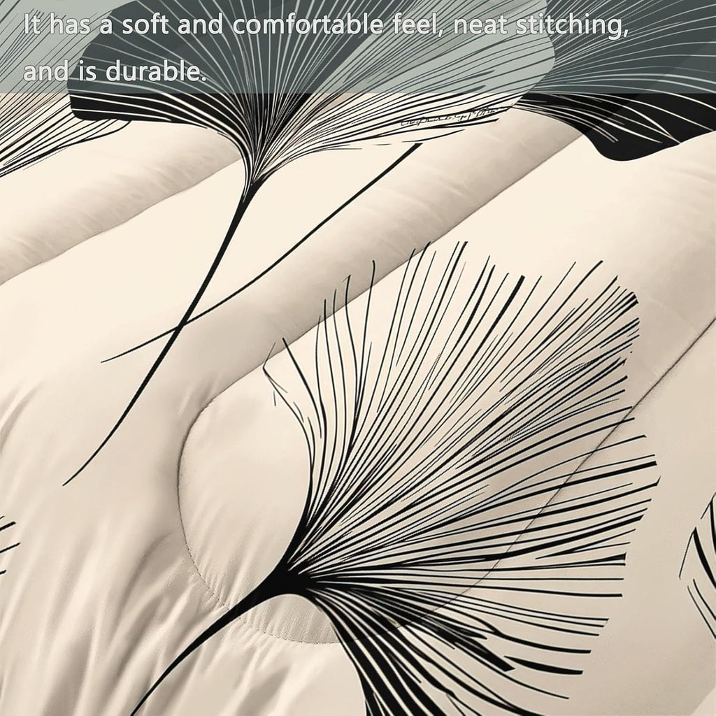 Comforter Set King with 2 Pillowcase, Hand Drawn Graffiti Ginkgo Leaves 3 Pcs Quilted Bedding for Kids and Adults, Soft Fluffy Breathable Microfiber Beige Comforter for Bedroom Decor