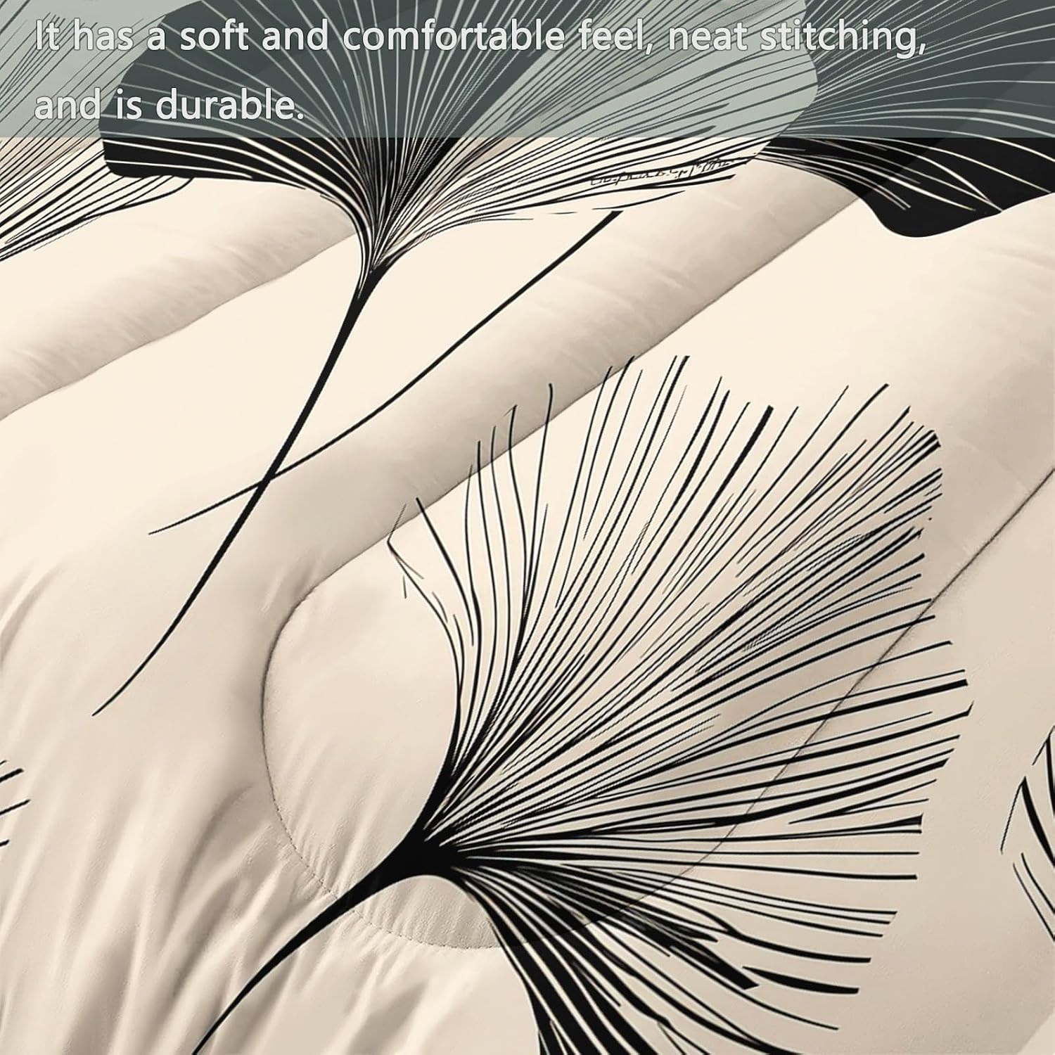Comforter Set King with 2 Pillowcase, Hand Drawn Graffiti Ginkgo Leaves 3 Pcs Quilted Bedding for Kids and Adults, Soft Fluffy Breathable Microfiber Beige Comforter for Bedroom Decor