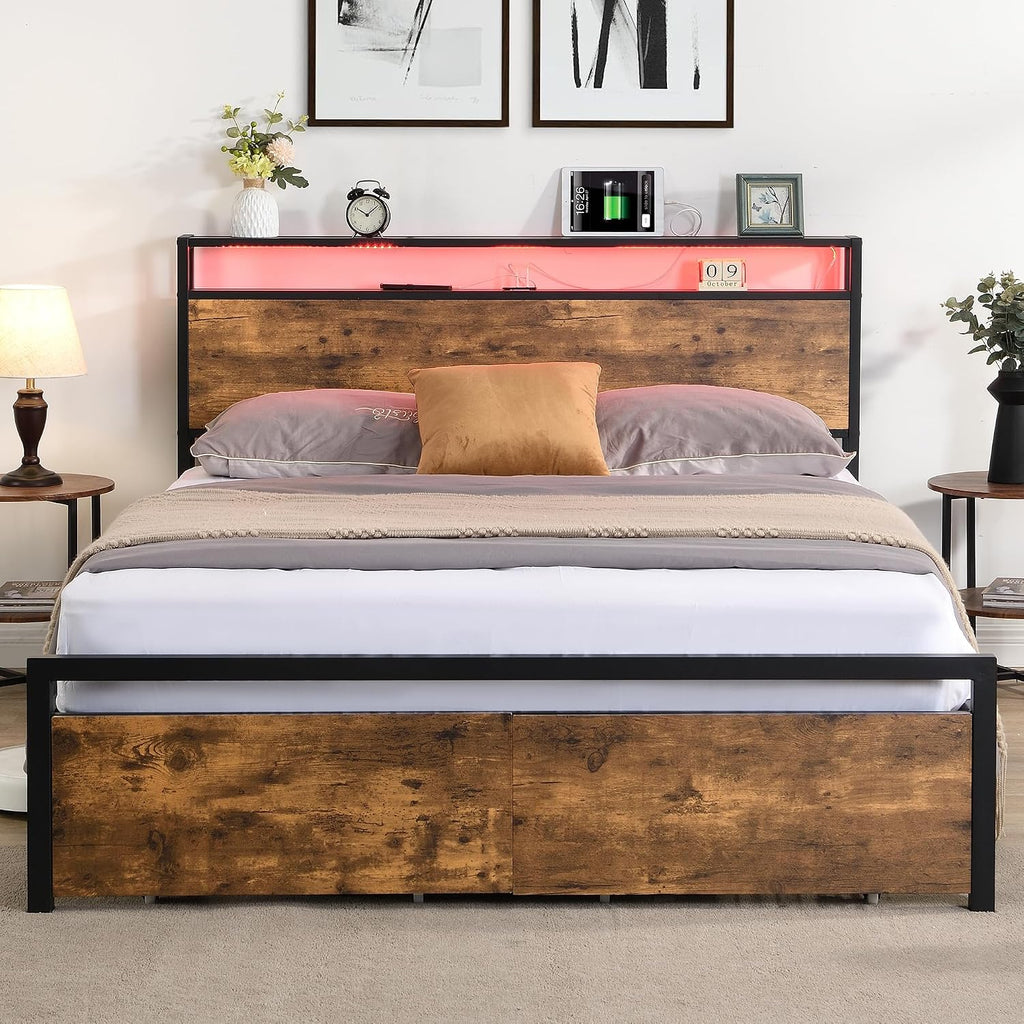 Queen Size Bed Frames with Storage Headboard and Drawers, LED Platform Bed Frame Queen Size, LED Upholstered Bed Frame with Charging Station, No Box Spring Needed, Easy Assembly,Grey