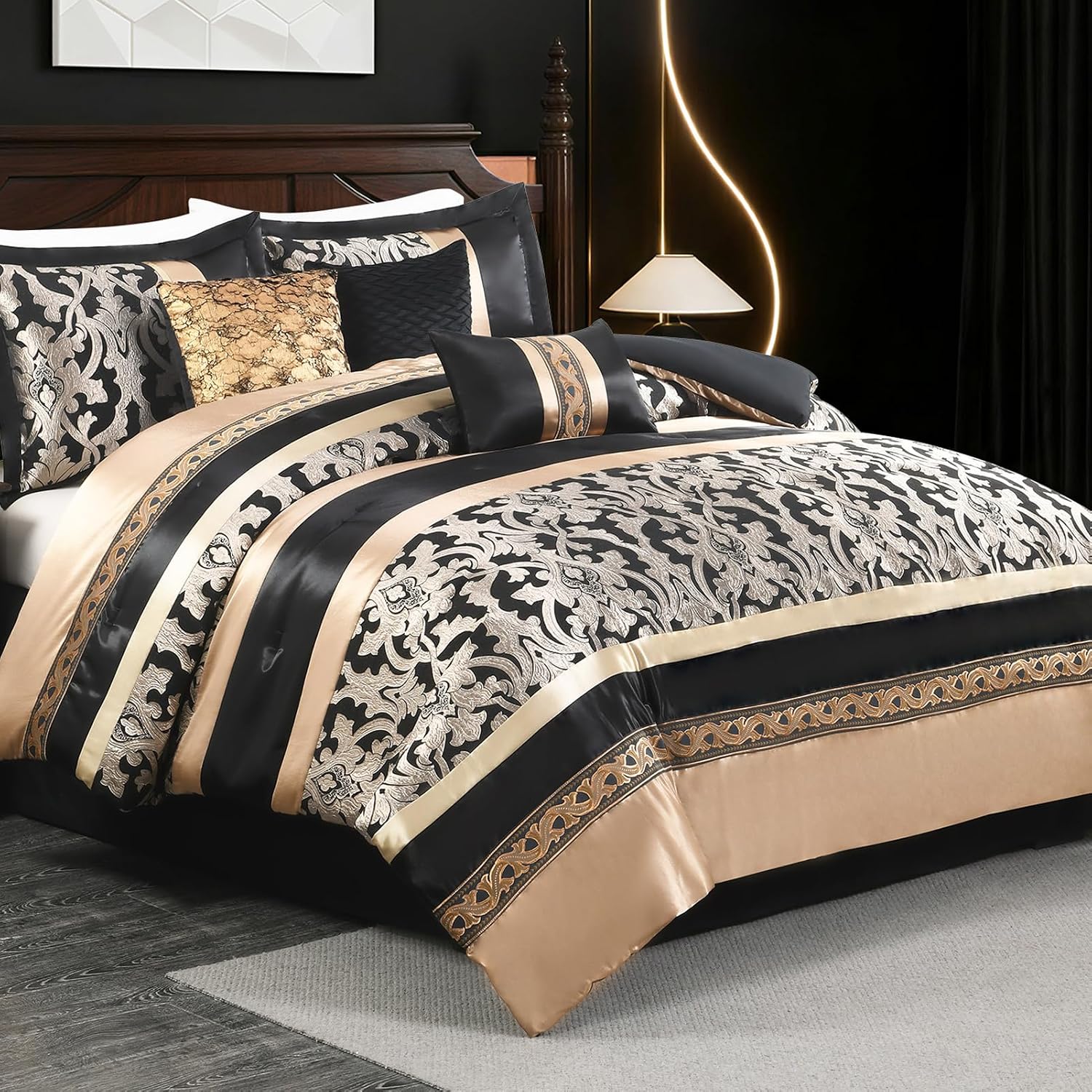 CozyDH Black Gold Jacquard Comforter Set California King - 7 Piece Luxury Bed in a Bag Vintage Damask Patchwork, All Season Down Alternative Bedding with Bed Skirt, Shams, Decor Pillows, 104x96 in