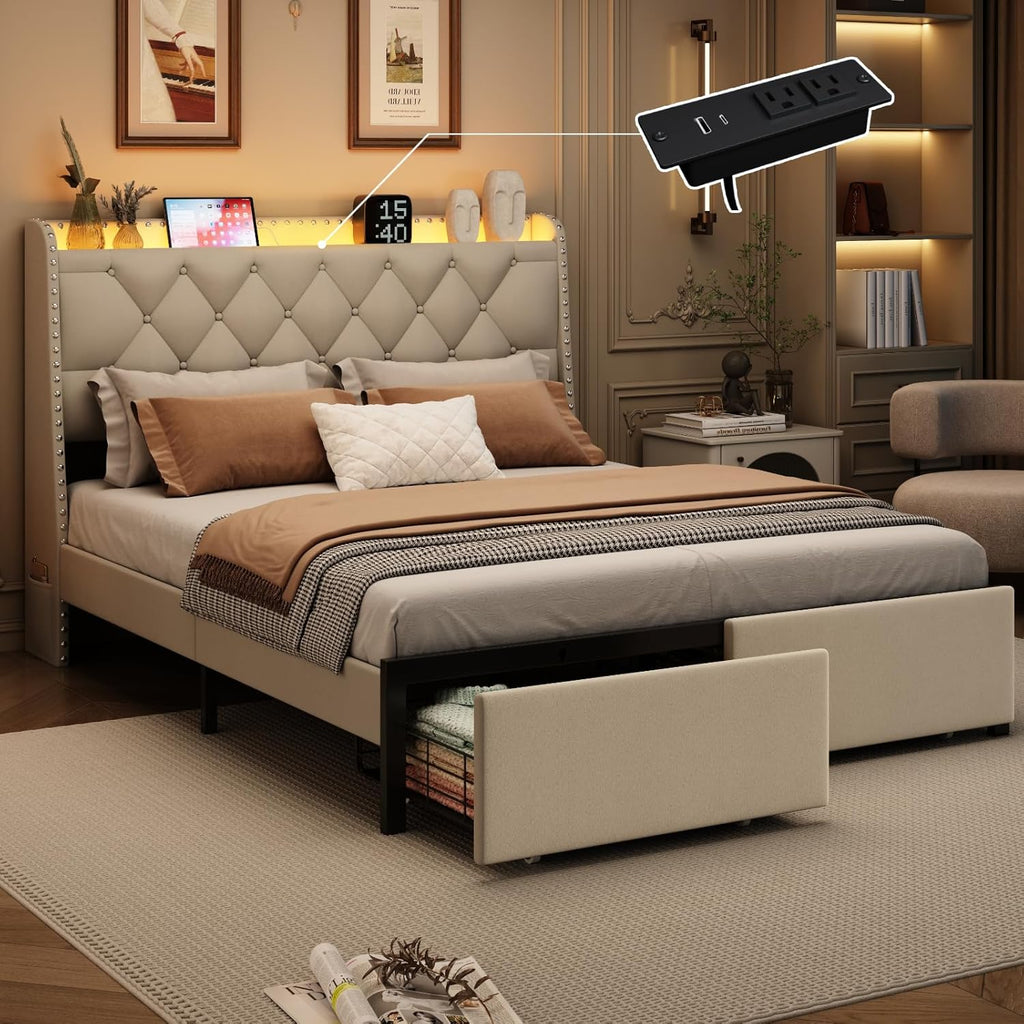 Queen Bed Frame with Storage Headboard and 2 Drawers, Upholstered Button Tufted Platform Bed Frame Queen Size with LED Lights, Charging Station, No Box Spring Needed, Noise Free, Easy Assembly, Beige