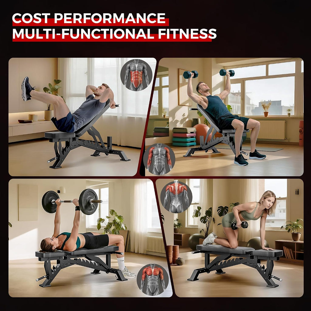 Weight Bench, Adjustable Workout Bench for Home Gym Full Body Workout, 1300LBS Weight Capacity Bench Press, Flat/Incline Bench with 33' Extra-Long Backrest & Wheels