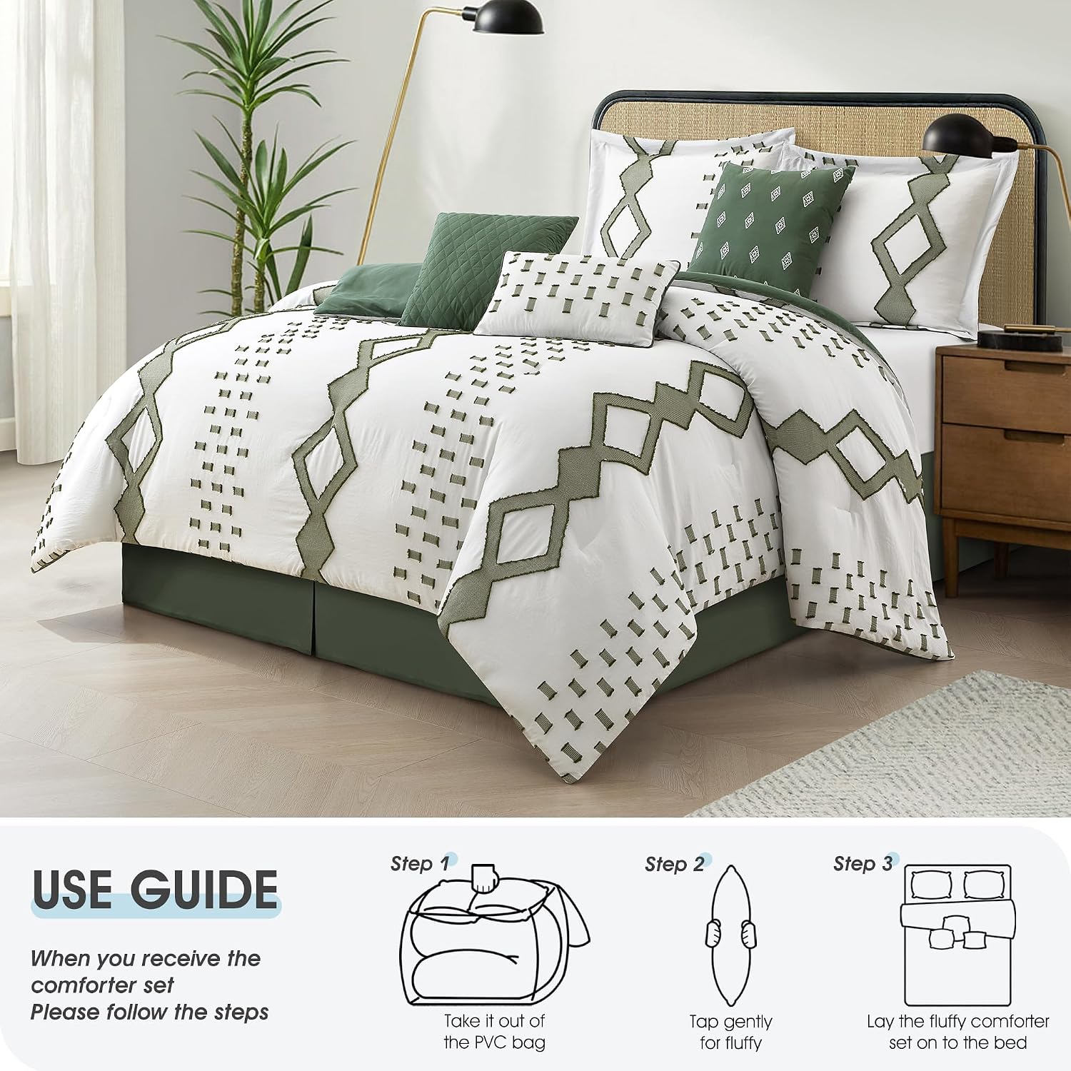LANCO MODERN LIFESTYLE 7 Piece Green and White Comforter Set, King, Boho Home Decor, Geometric Clip Pattern Bedding Set for All Seasons, Bed in a Bag, Bedskirt, Shams and Decorative Pillows