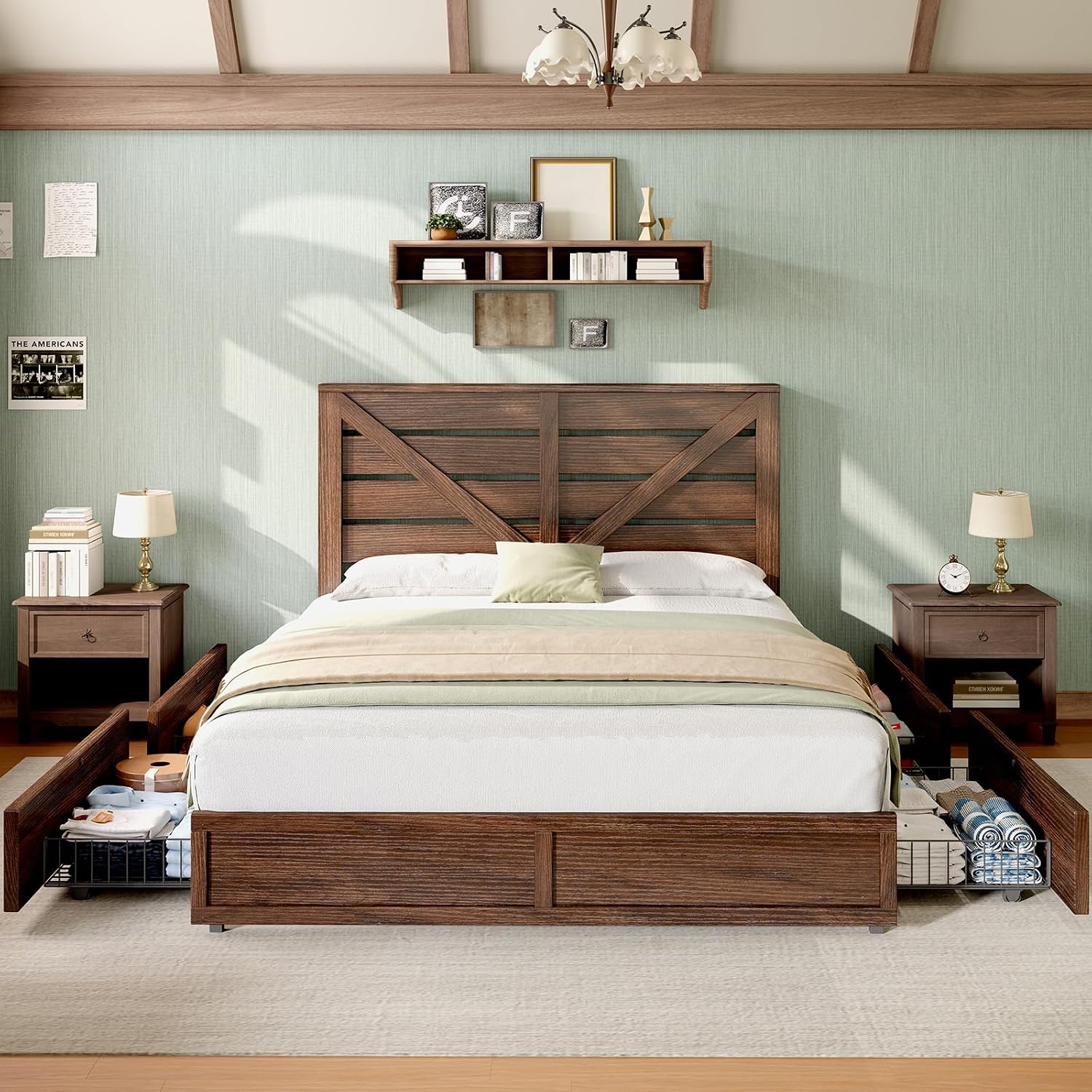 AMERLIFE Queen Size Farmhouse Bed Frame with 4 Drawers, Wooden Storage Bed Frame with Headboard and Heavy Duty Metal Slats, Noisy Free, Easy Assemble, Rusric Brown