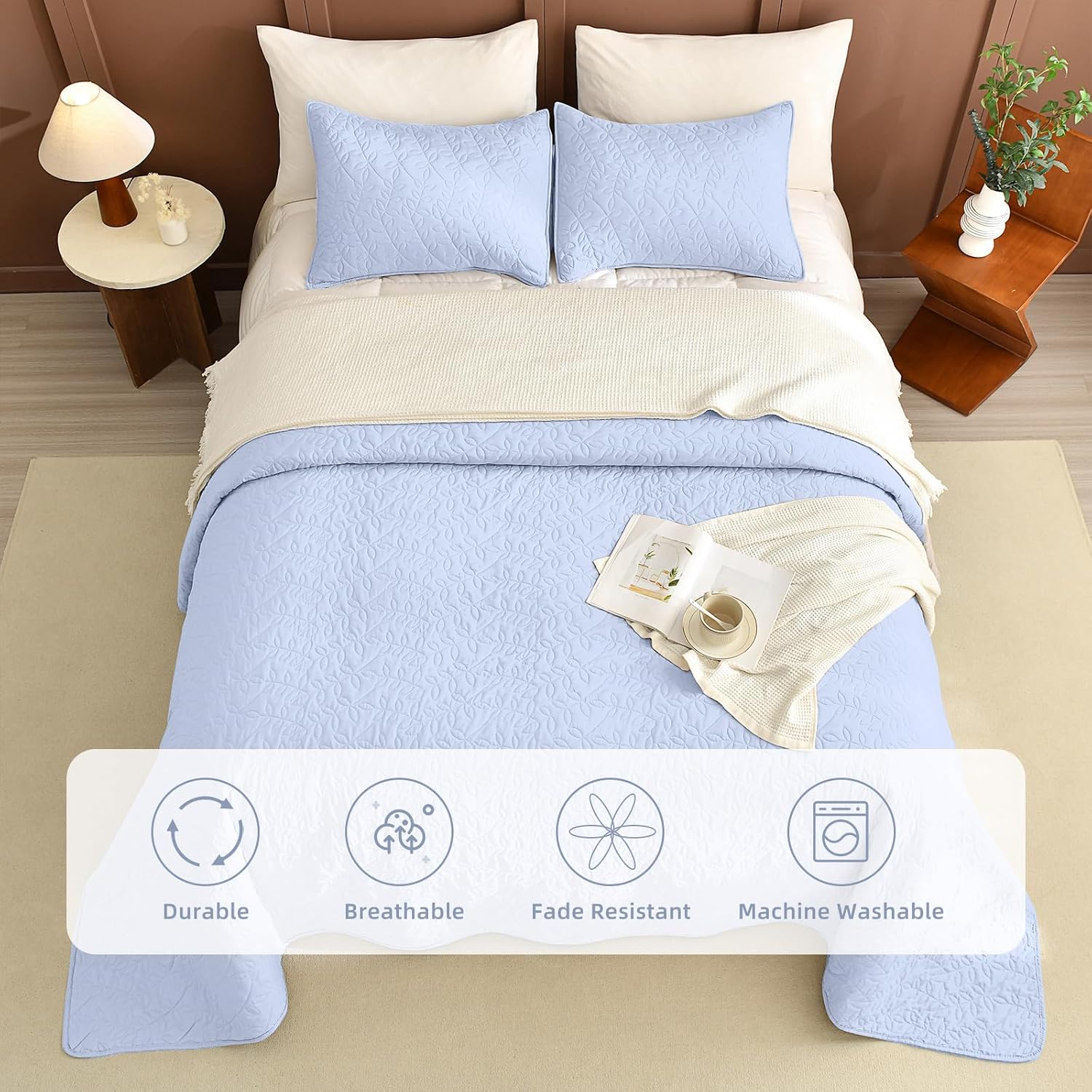 Lady Ann Light Blue Oversized King Bedspread 128x120, Leaves Pattern Printed Oversized King Quilt Set for Extra Large Bed, Lightweight & Soft Farmhouse Bedspreads & Coverlets, 3PCS