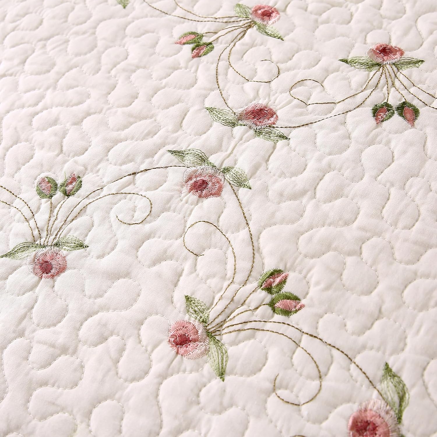 Quilt Set Floral Leaves 3D Embroidery Pattern 3 PCS Cotton Reversible Quilted Embroidered Decorative Bedspreads Coverlet Set, Lightweight &Soft Queen Size Beige Bedding Coverlet for All Season