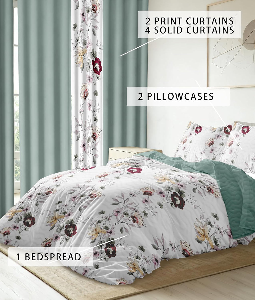 9 Pcs King Bed in A Bag with Curtains | Green/Red Floral Bedspread, 2 Pillowcases, 2 Print & 4 Solid Curtains | Microfiber, Moisture-Wicking | King Size Comforter Set with Curtains