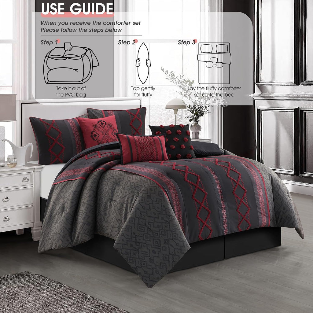 LANCO MODERN LIFESTYLE Black Red King Comforter Set, 7 Pieces All Season Bedding Sets in a Bag with Geometric Terry Embroidered Comforter, Bed Skirt, Pillow Shams and Decorative Pillows