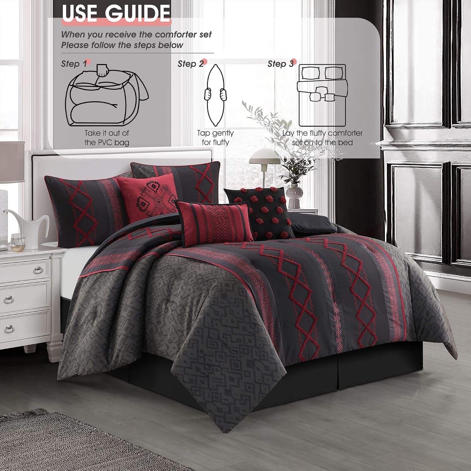 LANCO MODERN LIFESTYLE Black Red King Comforter Set, 7 Pieces All Season Bedding Sets in a Bag with Geometric Terry Embroidered Comforter, Bed Skirt, Pillow Shams and Decorative Pillows