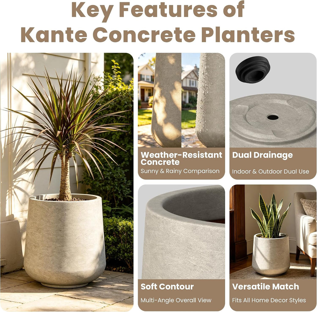 Kante 17.3' Tall Round Concrete Planter, Large Outdoor Plant Pot with Drainage Hole & Rubber Plug, Sturdy Weathered Beige Container for Trees, Patio Garden