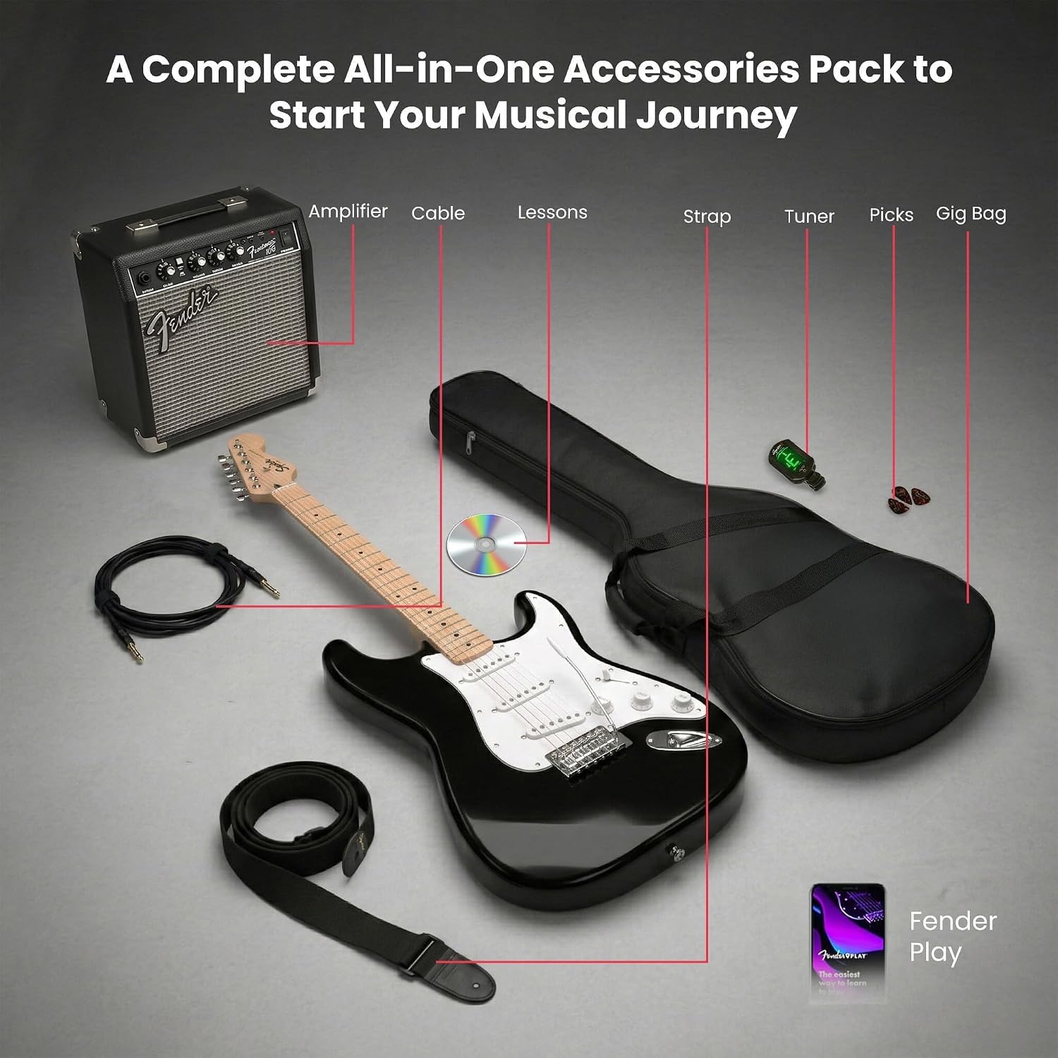 Fender Squier Sonic Stratocaster Pack - Black Bundle with Frontman 10G Amplifier, Gig Bag, Tuner, Strap, Cable, Picks, and Austin Bazaar Instructional DVD