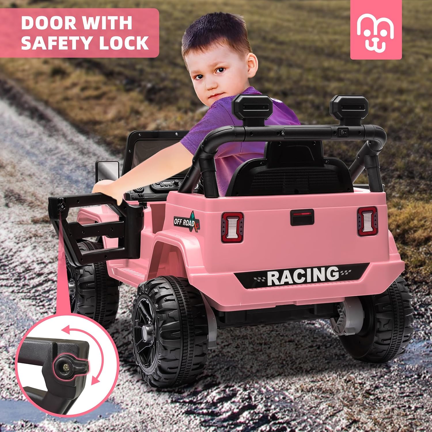 MINIATURE MOTORS 24V Kids Electric Ride on Truck Car Remote Control, Twin 55W Motors 4MPH Max Speed, Bluetooth Music Player, 4 Wheels Suspension LED Lights Safety Belt, Gift for Boys Girls-Light Pink