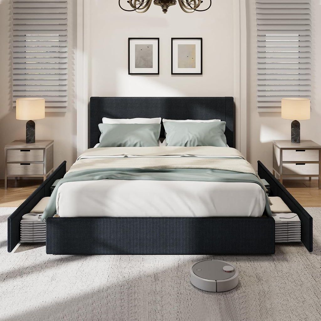 GarveeHome Bed Frame, King Size Platform Bed with 4 Storage Drawers, Upholstered Corduroy Channel Tufted Headboard Bed Frame with Strong Wooden Slat Support, No Box Spring Needed, Black
