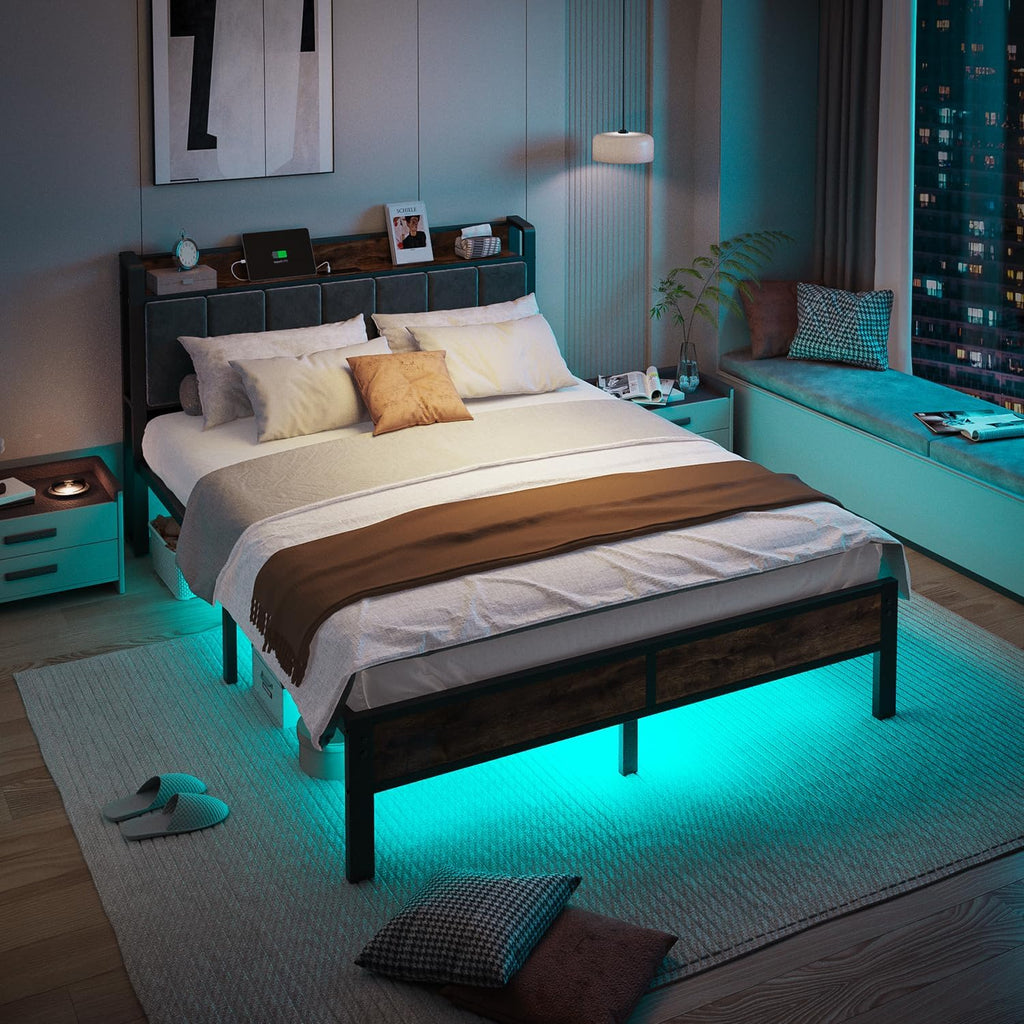 ALBERTO Queen Size Bed Frame with LED Lights, Upholstered Headboard with Storage and Charging Station, Metal Platform with Slats, No Box Spring Needed, Easy Assembly