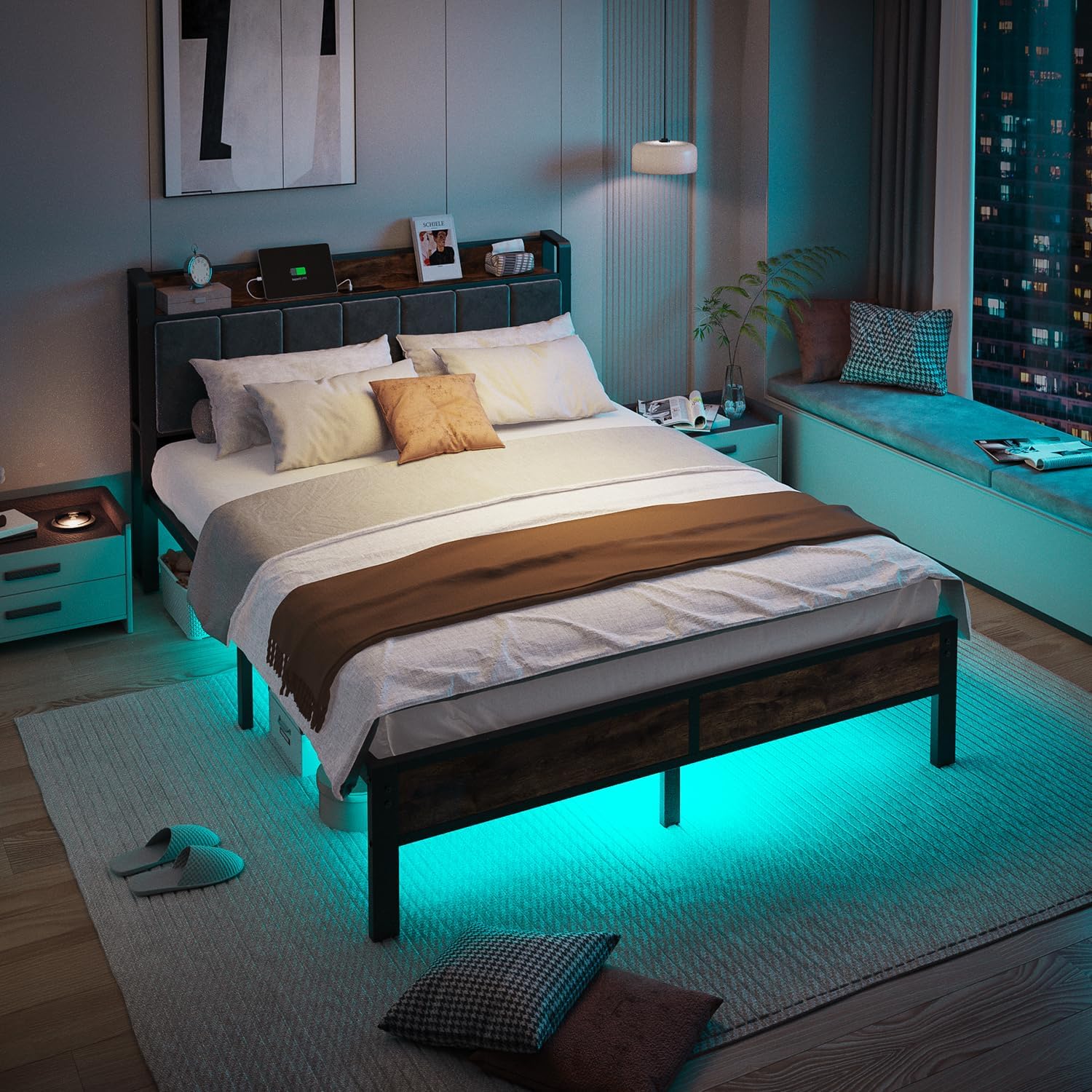 ALBERTO Queen Size Bed Frame with LED Lights, Upholstered Headboard with Storage and Charging Station, Metal Platform with Slats, No Box Spring Needed, Easy Assembly