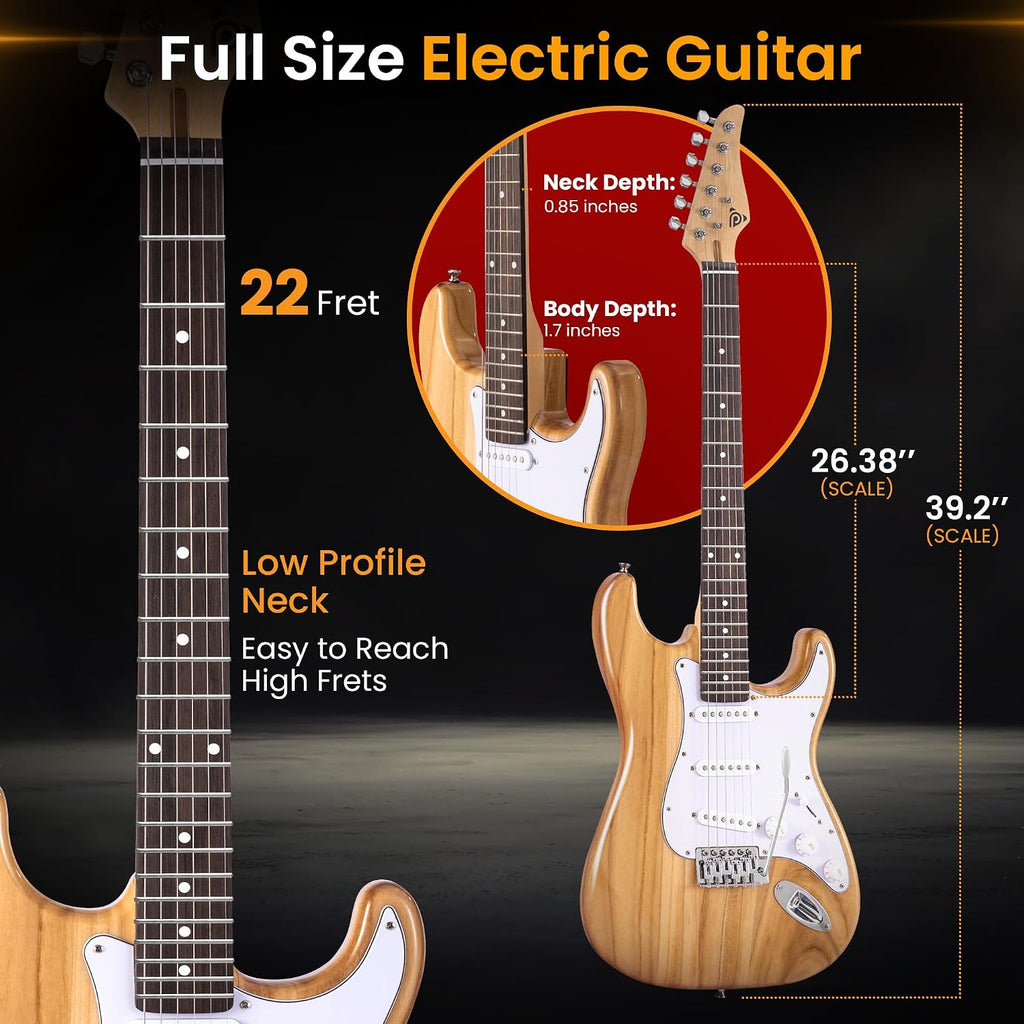 Pyle Electric Guitar and Amp Kit - Full Size 39' Complete Starter Kit with Wearable Bluetooth Amplifier, 1/4' Cable, Carry Case, Strap, Strings, Picks, Cleaning Cloth, ST-Style Pickups (Natural)