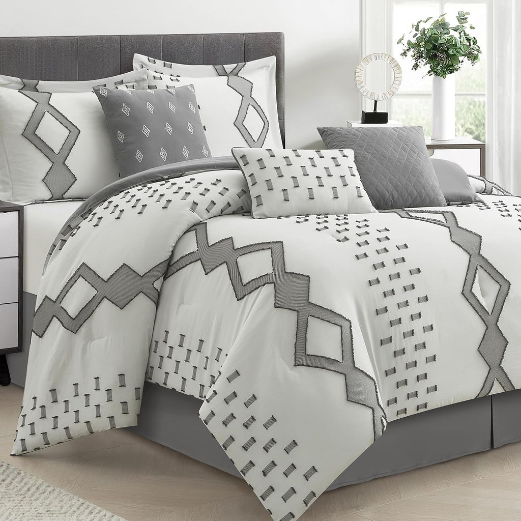 LANCO MODERN LIFESTYLE 7 Piece Grey and White Comforter Set, King, Boho Home Decor, Geometric Clip Pattern Bedding Set for All Seasons, Bed in a Bag, Bedskirt, Shams and Decorative Pillows