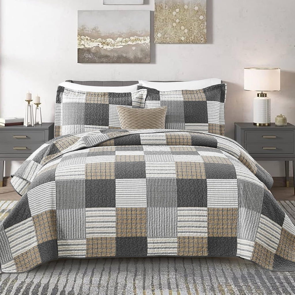 KALOOLA Plaid Quilt King Size, 100% Cotton Soft Lightweight Quilted Bedding Set for King Bed, Farmhouse Reversible Bedspread Coverlet with 2 Pillowshams for All Season, 3 Pcs, Grey/White/Black