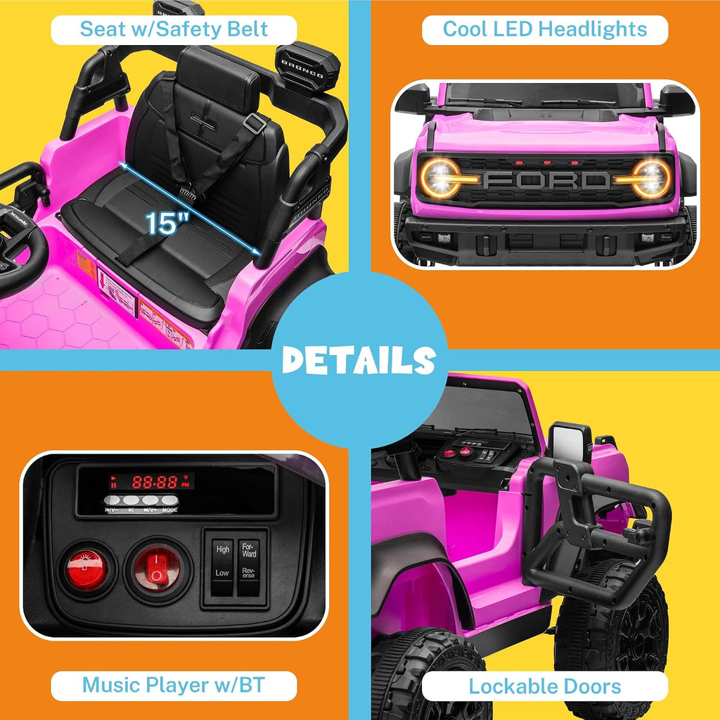ENYOPRO 12V Licensed Ford Bronco Raptor Ride on Toys, Kids Electric Car w/Parental Remote Control, Spring Suspension, Soft Start, Bluetooth, LED Lights, Gift for Girls & Boys Ages 3-6 (Pink)