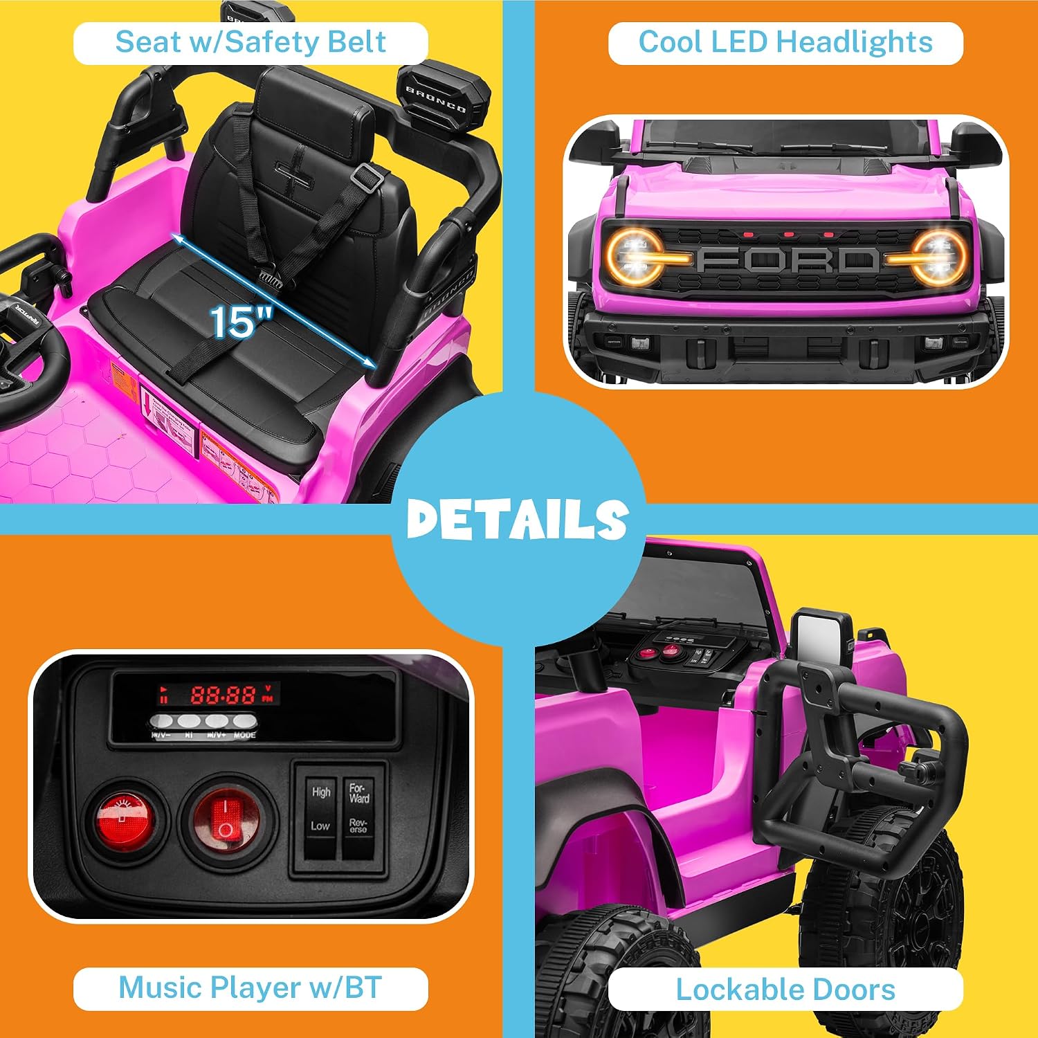 ENYOPRO 12V Licensed Ford Bronco Raptor Ride on Toys, Kids Electric Car w/Parental Remote Control, Spring Suspension, Soft Start, Bluetooth, LED Lights, Gift for Girls & Boys Ages 3-6 (Pink)